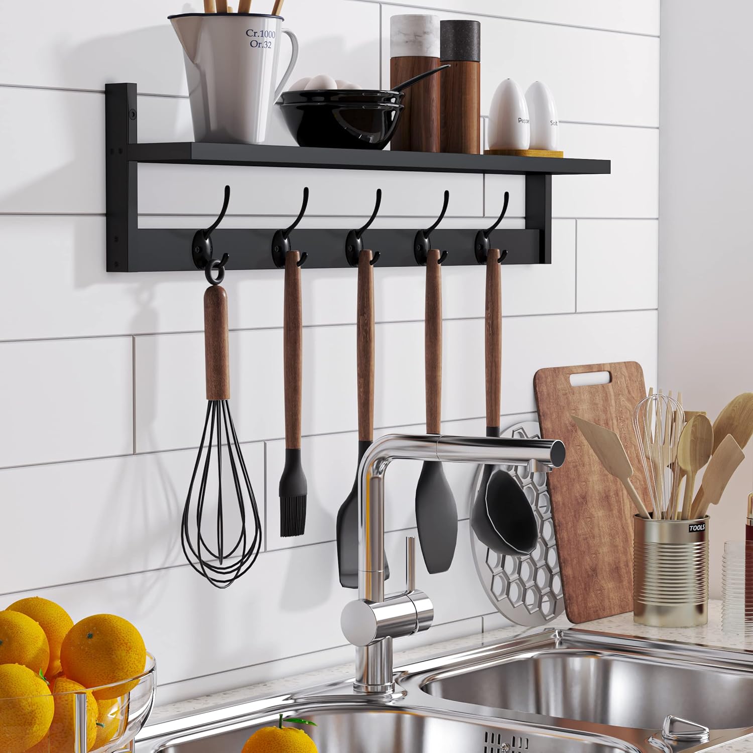 BAMEOS Wall Mounted Shelf with Hooks - Black