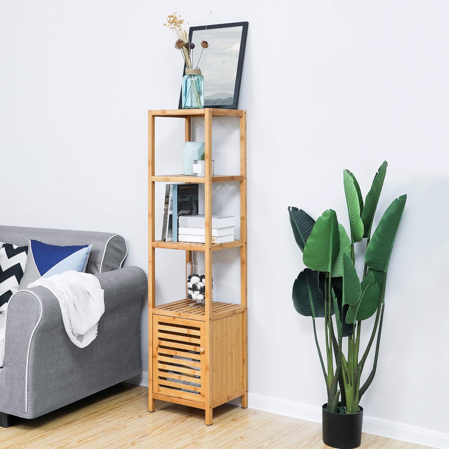 SONGMICS Bamboo Floor Cabinet with 4 Shelves