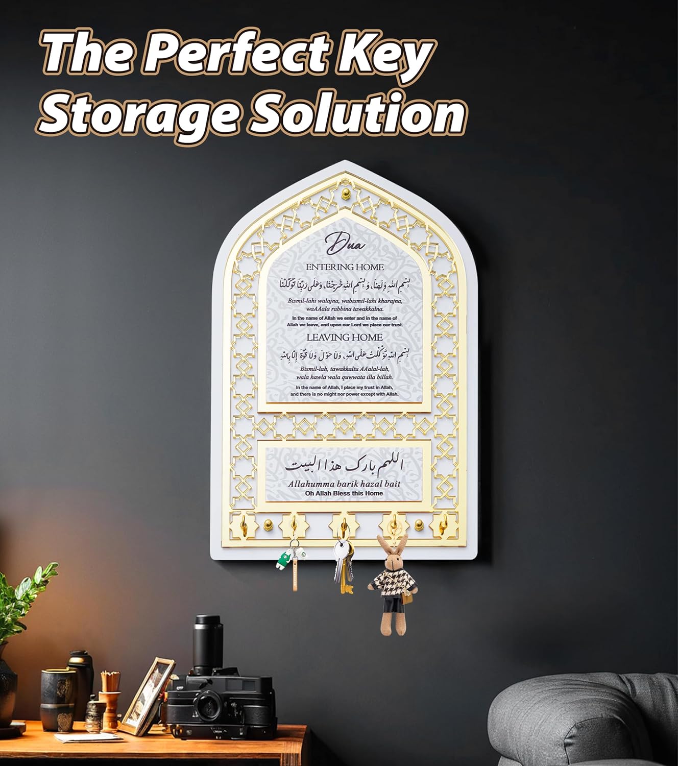 Islamic Wall Decor Key Holder with Golden Mihrap Design