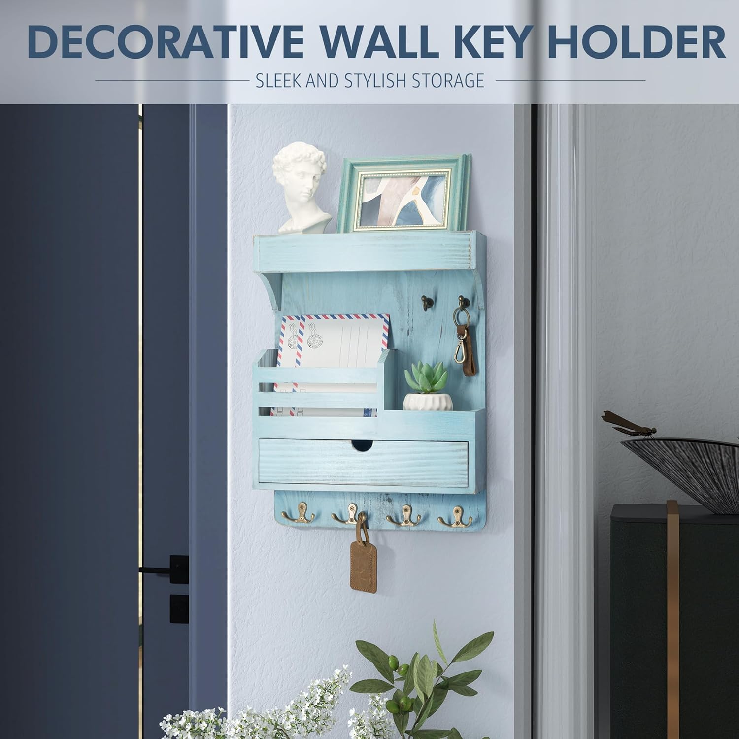 Rebee Vision Farmhouse Key Holder Wall Mount with Drawer Organizer - Blue