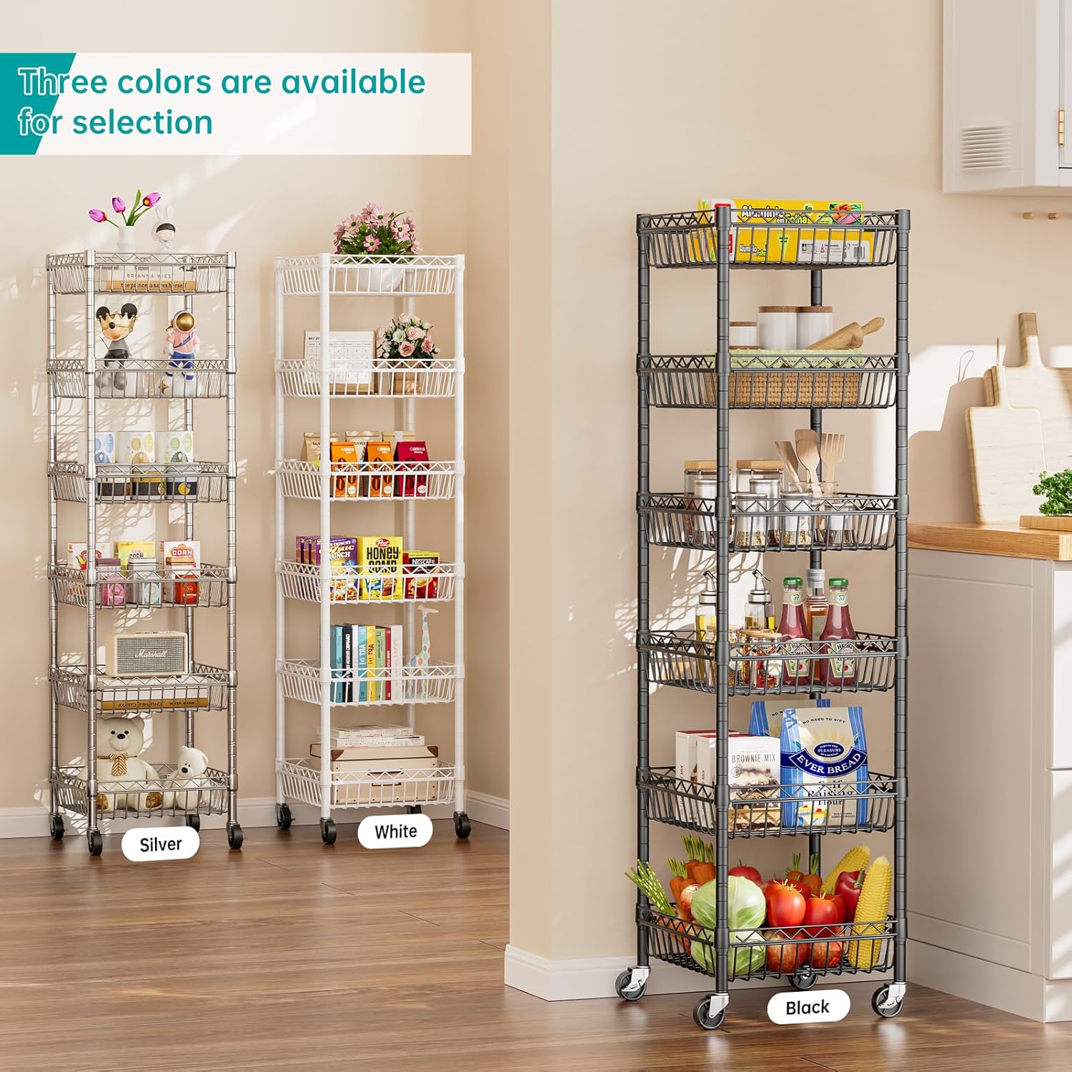SINGAYE 6 Tier Adjustable Wire Shelf with Wheels Black