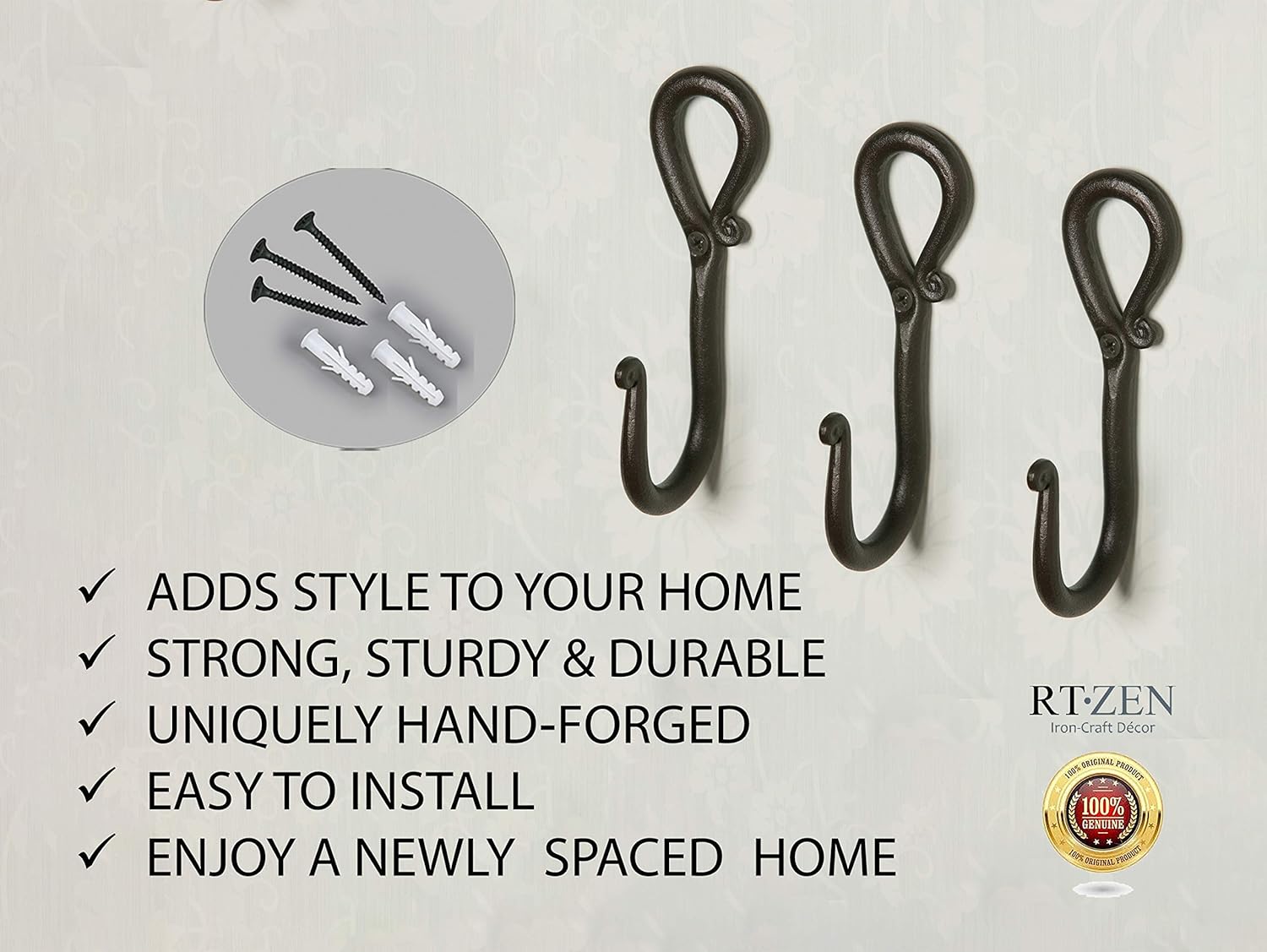 RTZEN Wall Mount Hook Set - 3 Pack Wrought Iron Hooks 1