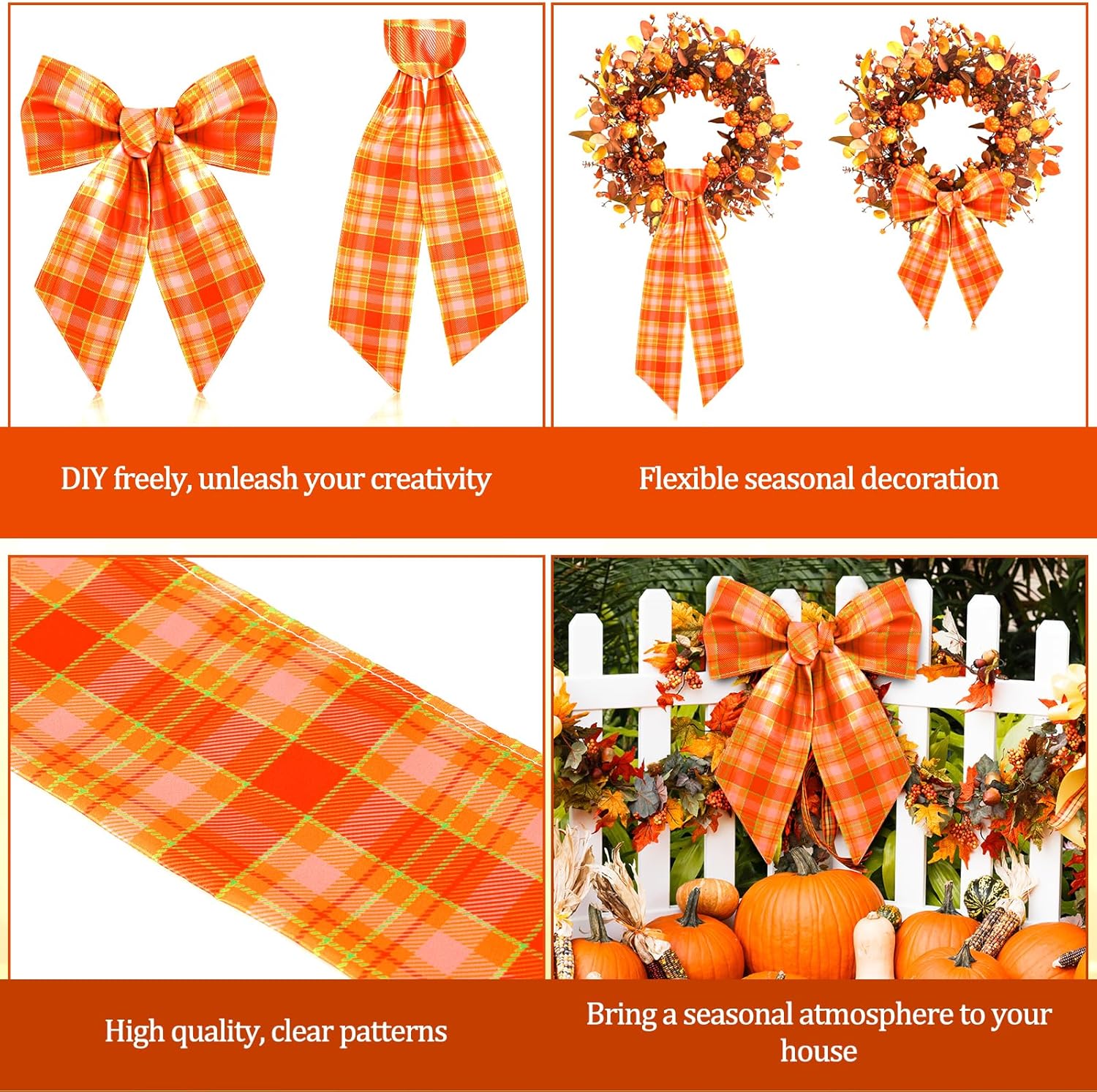 YLOLUL 2 Pcs Fall Wreath Sash for Front Door Buffalo Check Satin Bow DIY Autumn Garland Decor