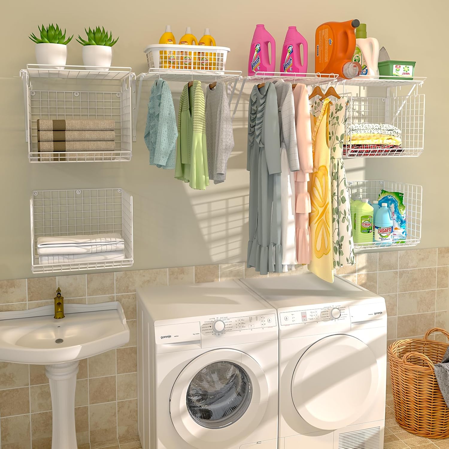 2 Pack Laundry Room Wall Shelves with Wire Baskets and 8 Hooks - White
