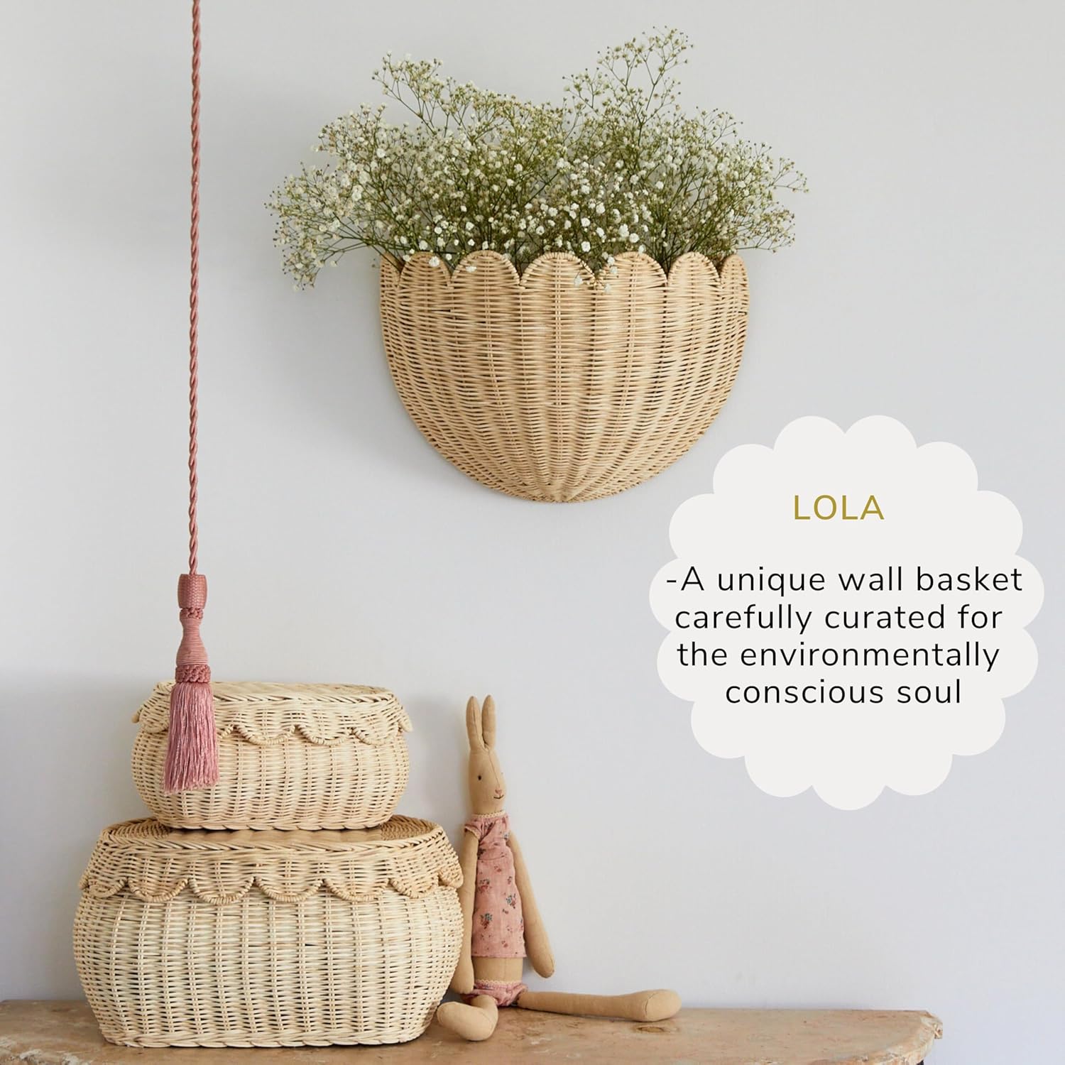 BEBE BASK Scalloped Wicker Wall Basket - 16x10x7 Inch Natural