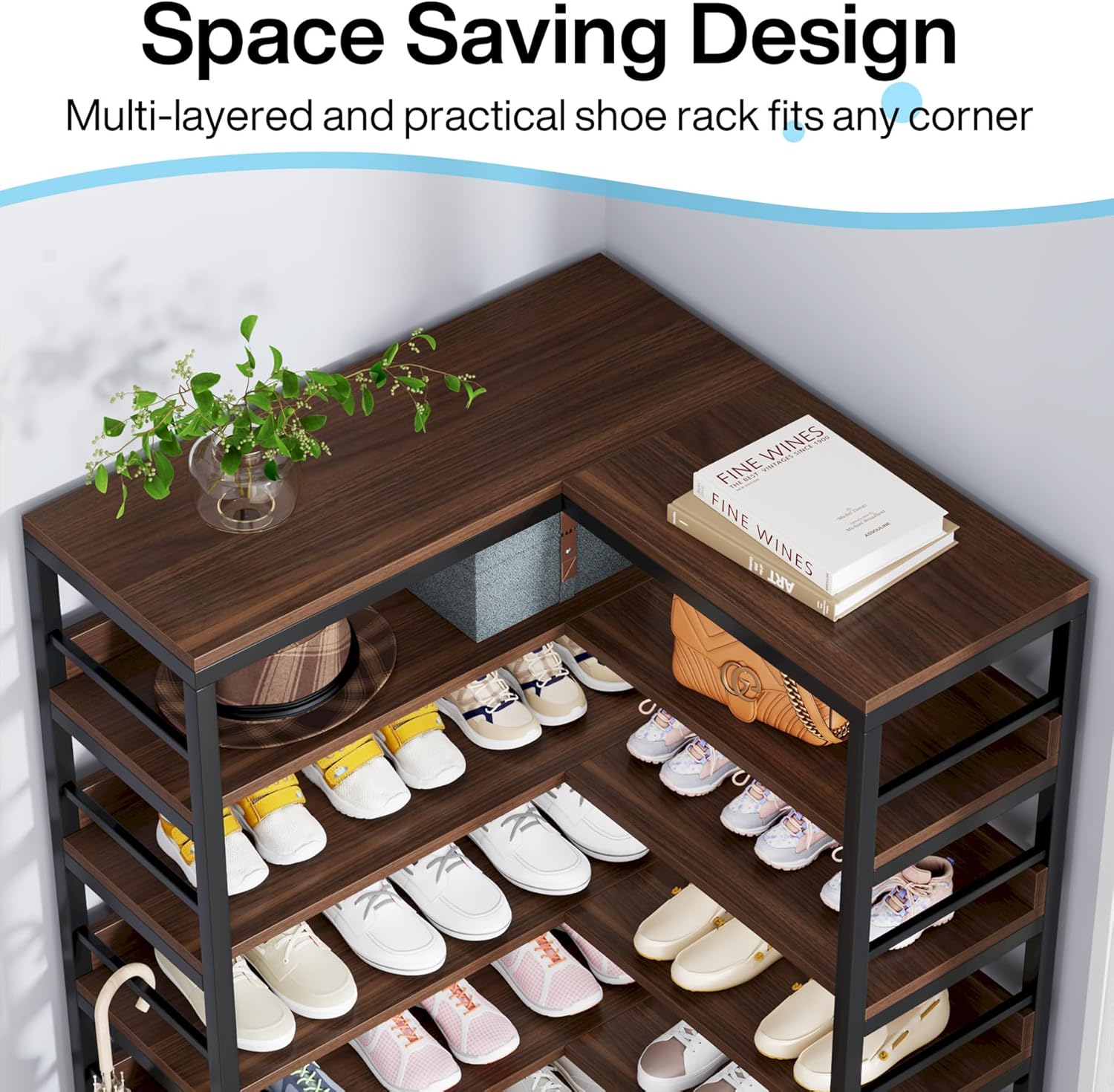 Tribesigns 9 Tiers Corner Shoe Rack Rustic Brown Space Saving