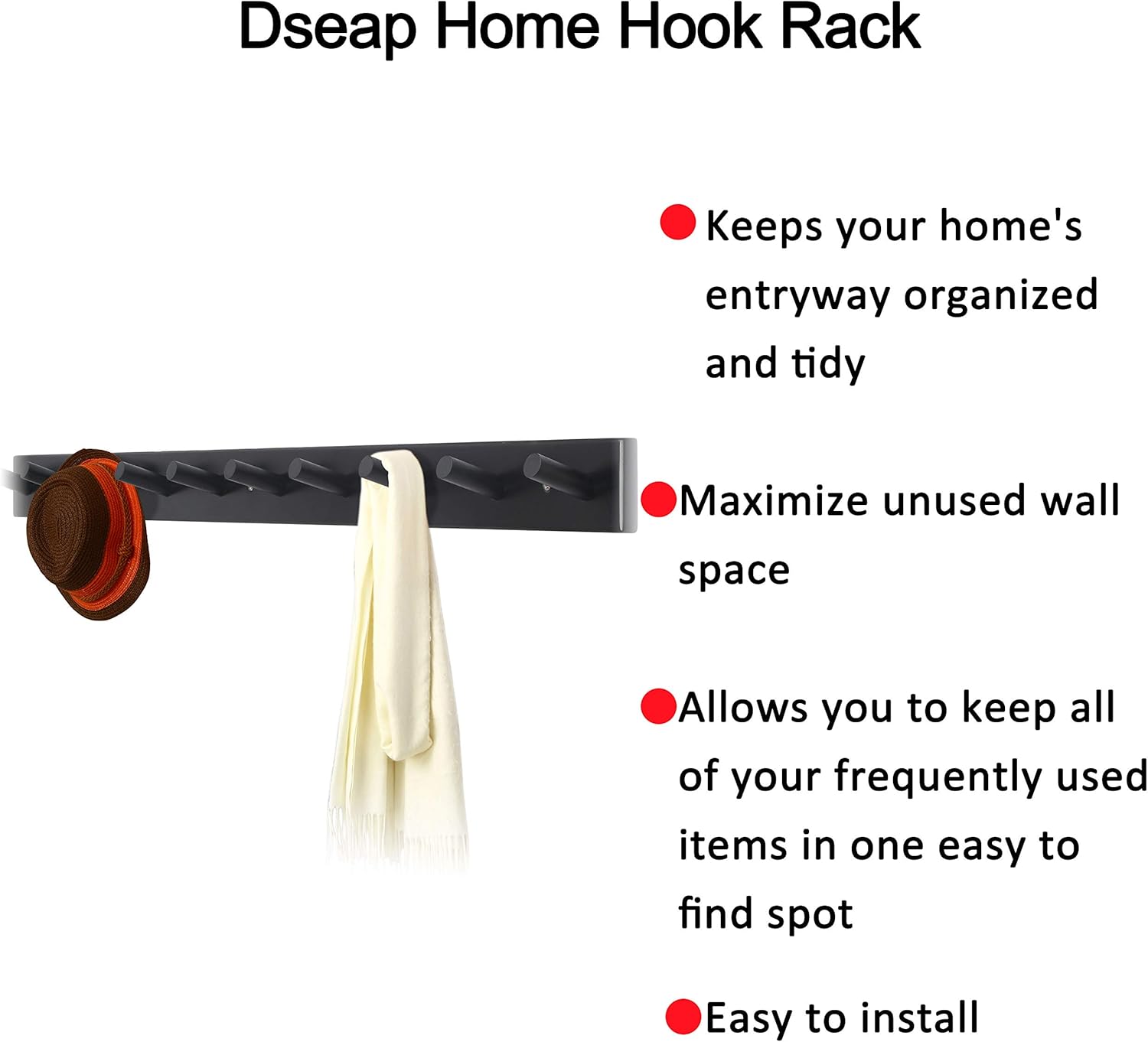 Dseap Wall Coat Rack with 10 Peg Hooks - Heavy Duty Black