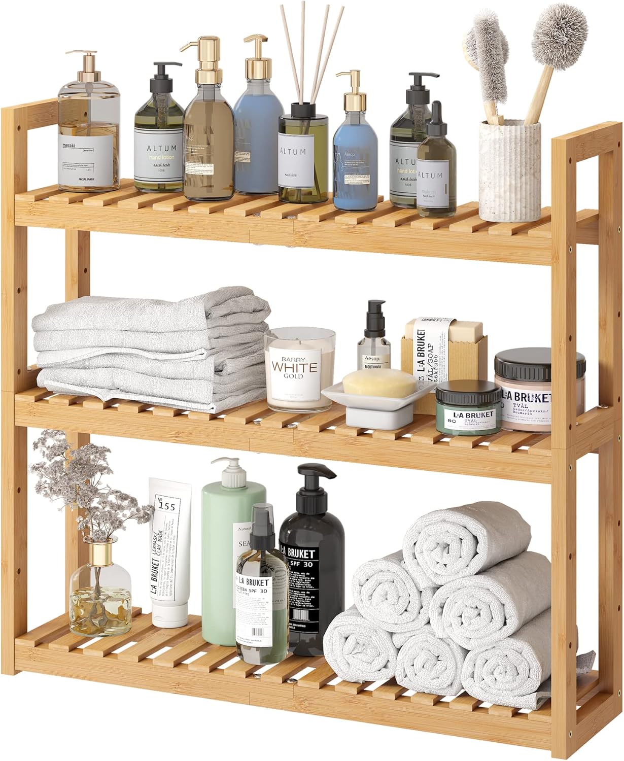 FILWH Bamboo Organizer Rack - Adjustable 3 Tier Storage Shelf