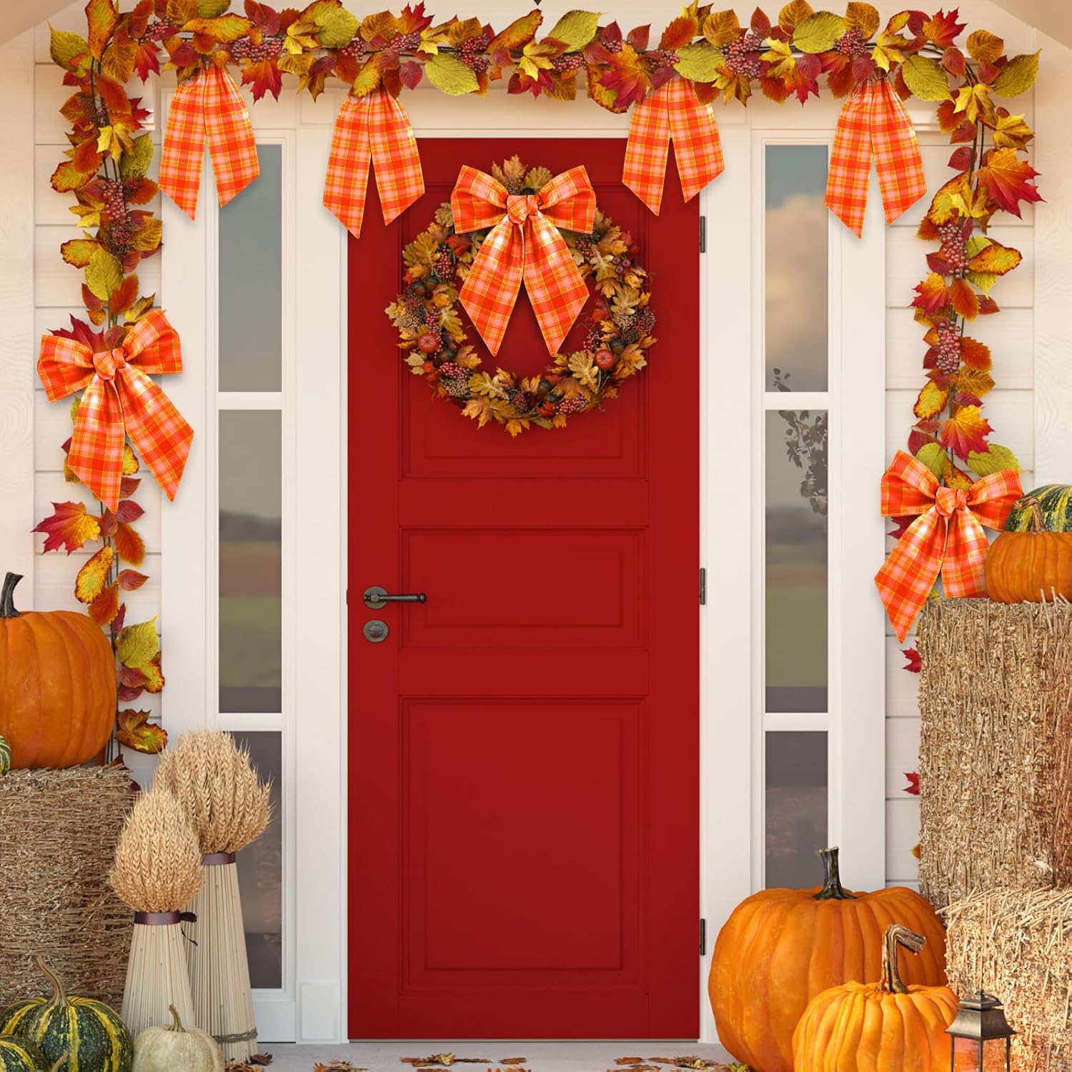 YLOLUL 2 Pcs Fall Wreath Sash for Front Door Buffalo Check Satin Bow DIY Autumn Garland Decor