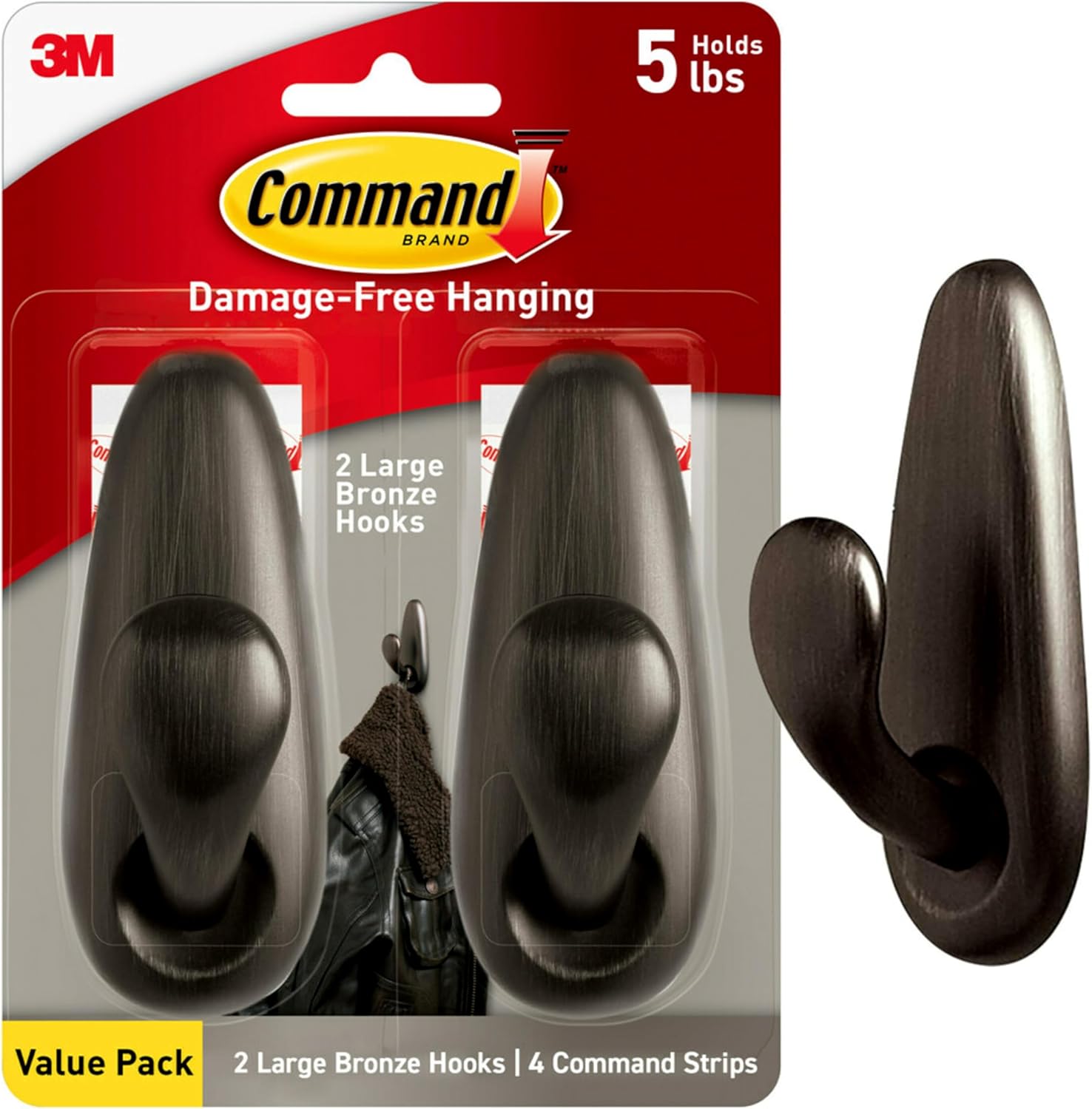 Command 5 lb Large Oil Rubbed Bronze Metal Hooks with 4 Strips Damage Free Hanging