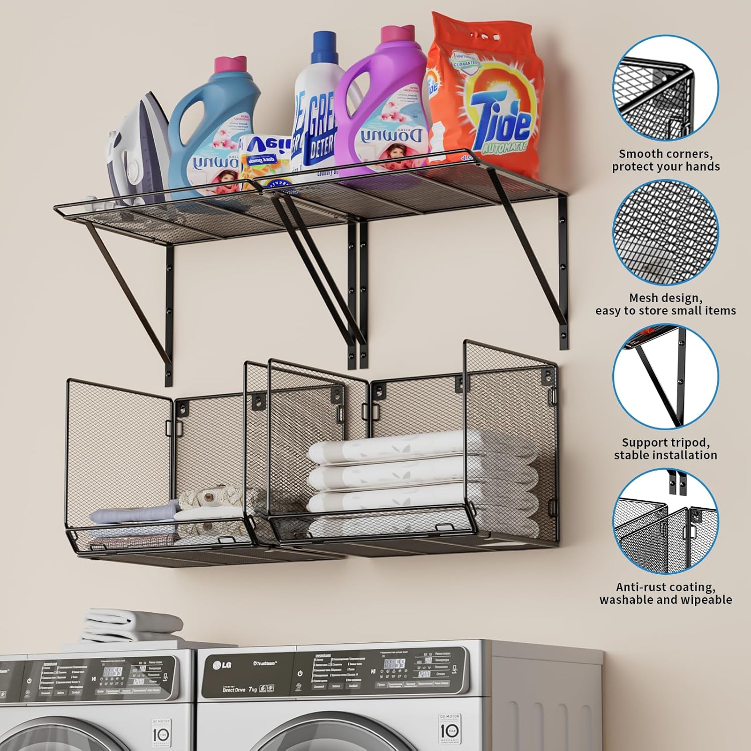 2 Pack Laundry Room Shelves with Wire Mesh Baskets and Wall Mount Clothes Drying Racks