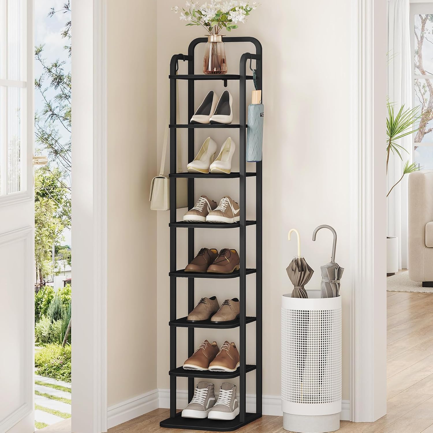 8 Tiers Vertical Shoe Rack Narrow Black Adjustable Corner Storage