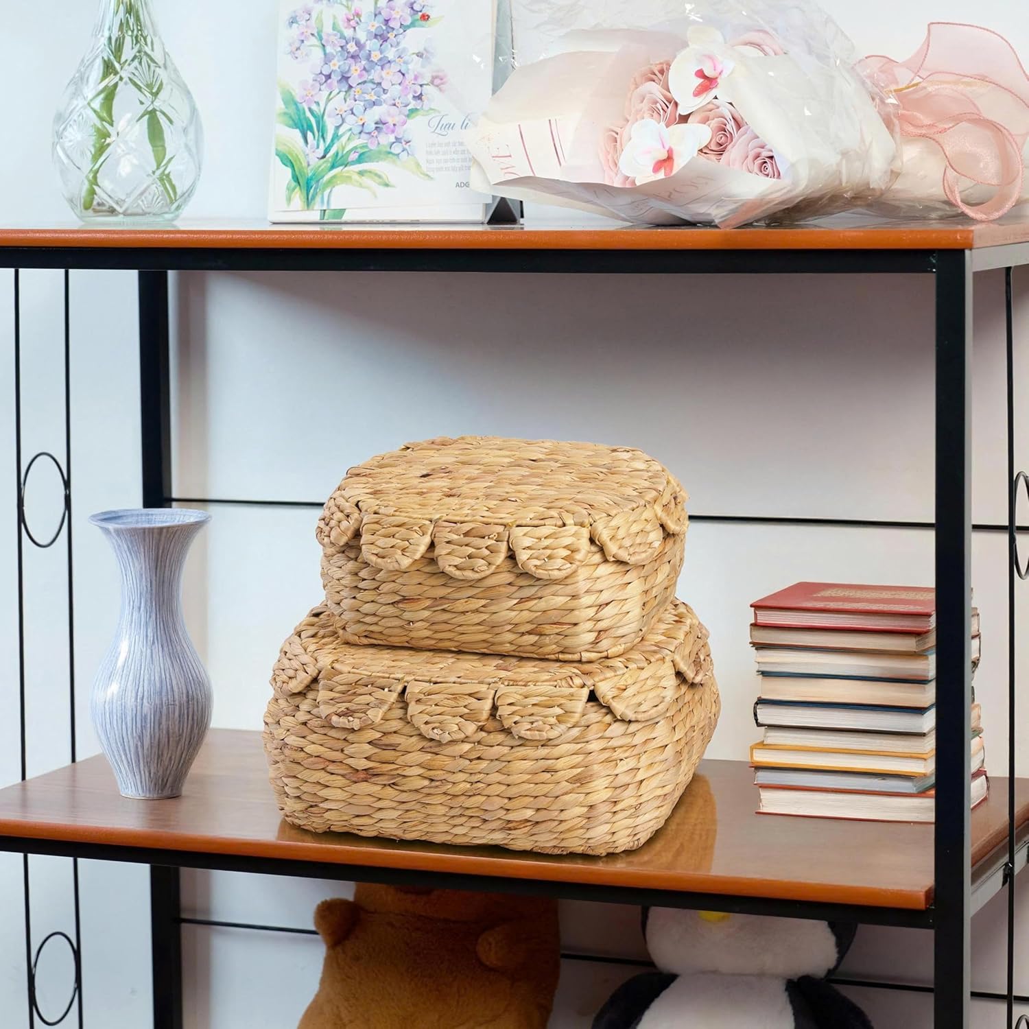 Round Wicker Storage Baskets with Lid Set of 2