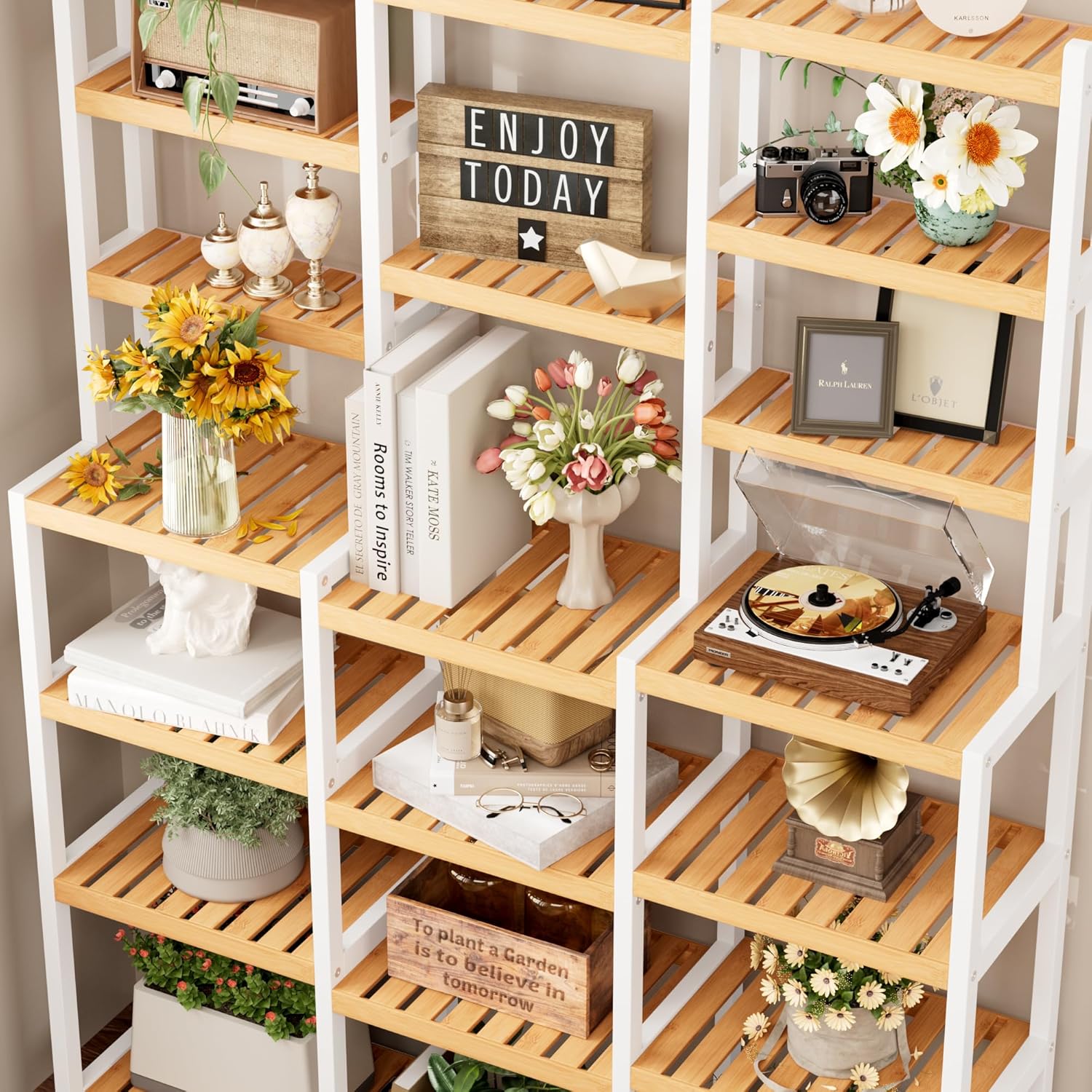 FOTOSOK 7 Tier Bamboo Plant Stand with 3 Rows and Adjustable Design