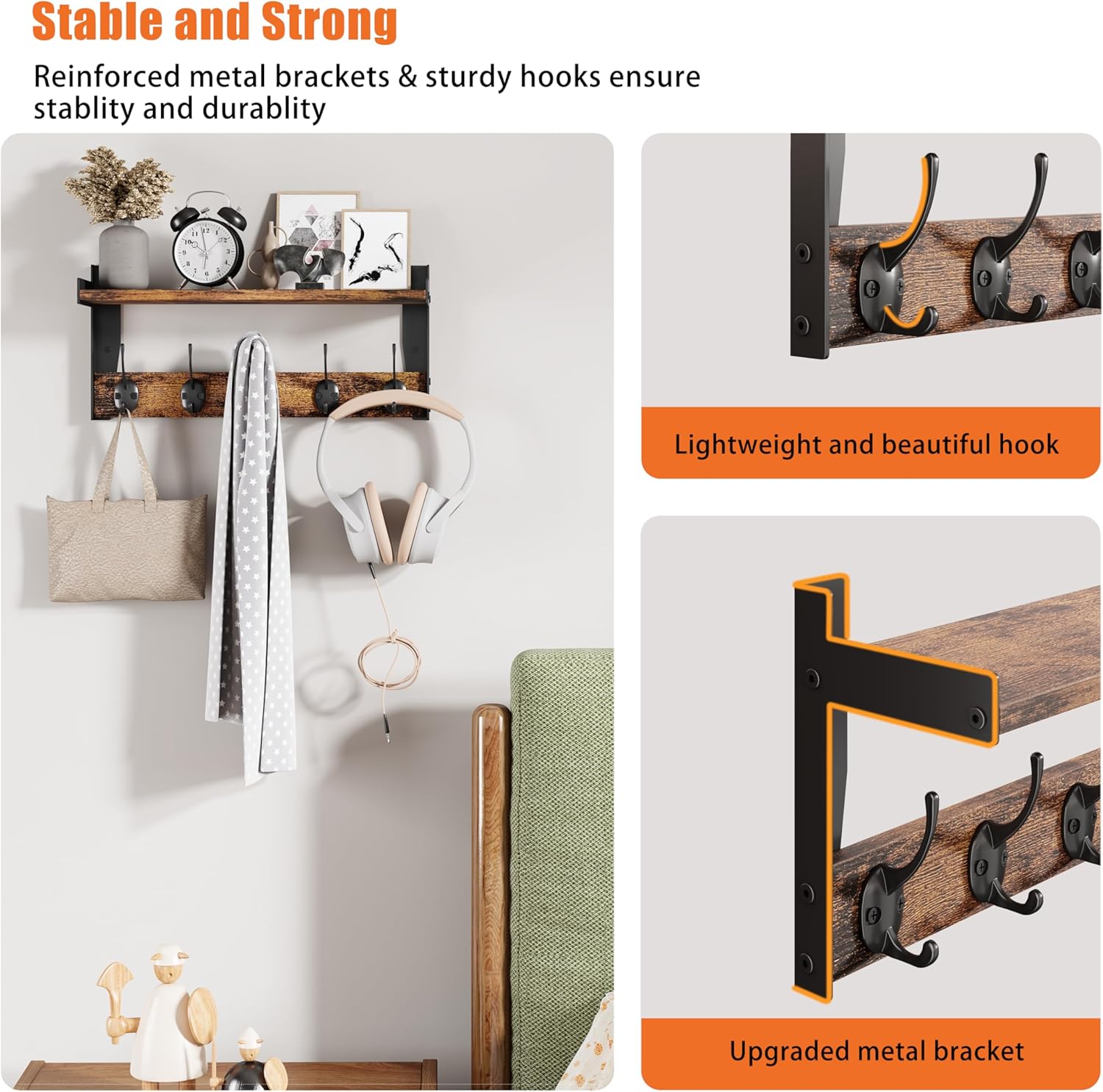 Wall Hooks with Shelf Wood Coat Rack with 5 Metal Hooks