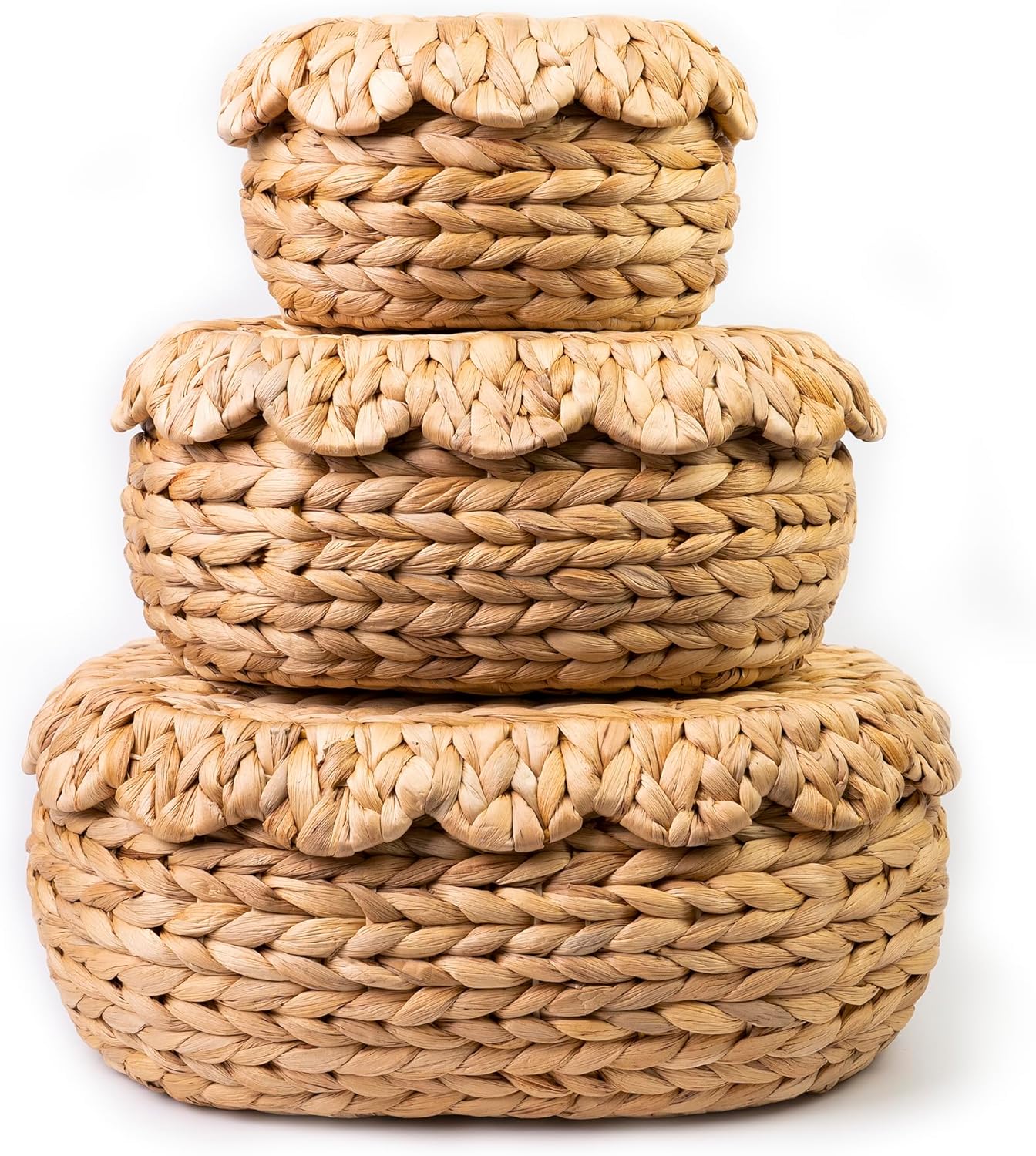 Set of 3 Wicker Storage Baskets with Lid - Decorative Water Hyacinth Bins