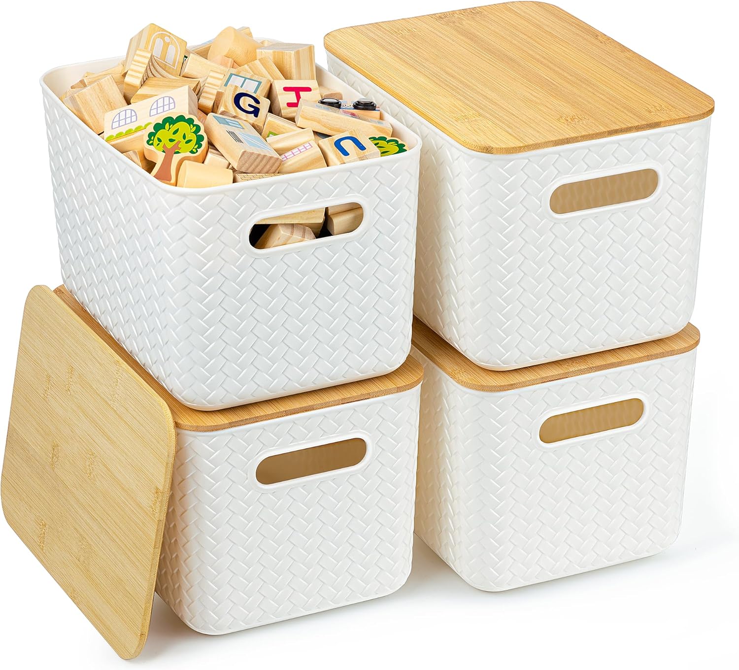4 Pack Stackable Storage Bins with Bamboo Lids - White