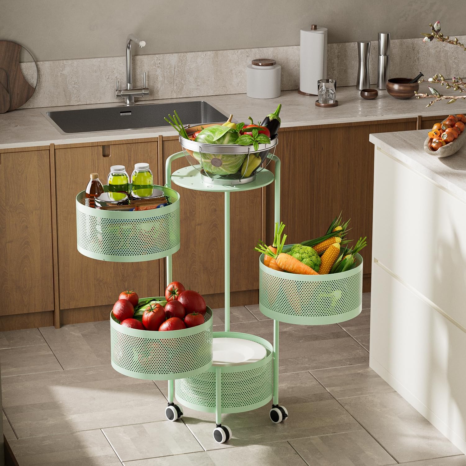 4-Tier Rotating Metal Storage Rack with Drawers