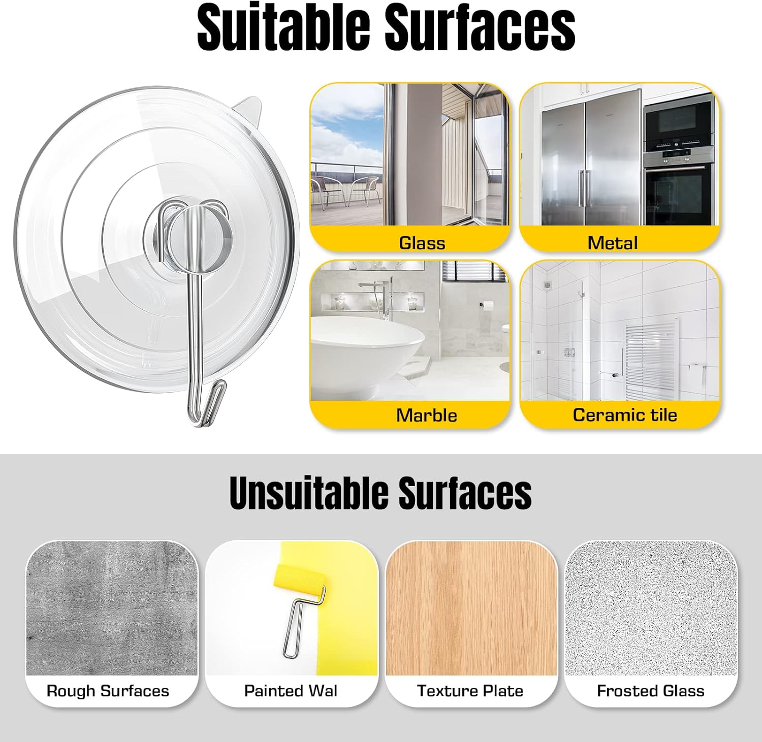 HangerSpace Suction Cup Hooks 8 Pack 25 Inch Clear PVC with Metal Hooks