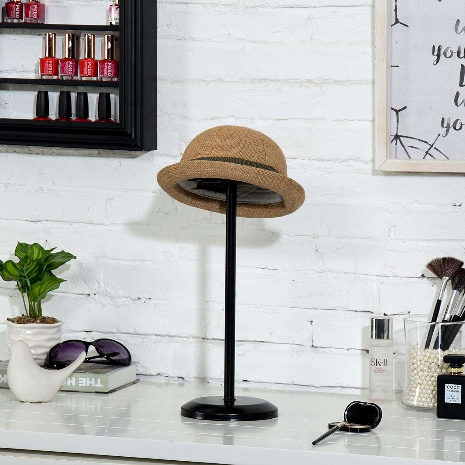 MyGift Black Metal Adjustable Height Hat Stand for Caps and Wigs