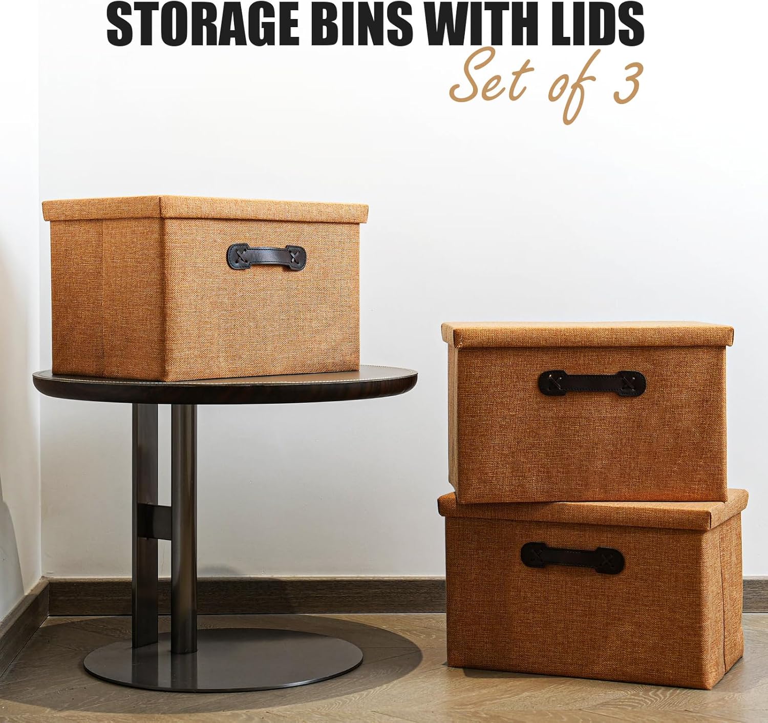 EnzkUnity Lidded Storage Bins 3-Pack Brown Fabric Linen Foldable Basket with Handle
