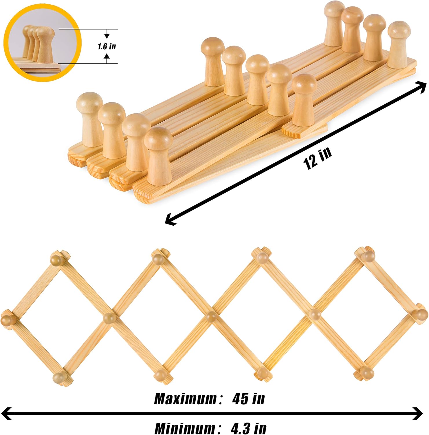 Prairie Star Expandable Coat Rack with 13 Peg Hooks for Storage of Hats Scarves Purses and More