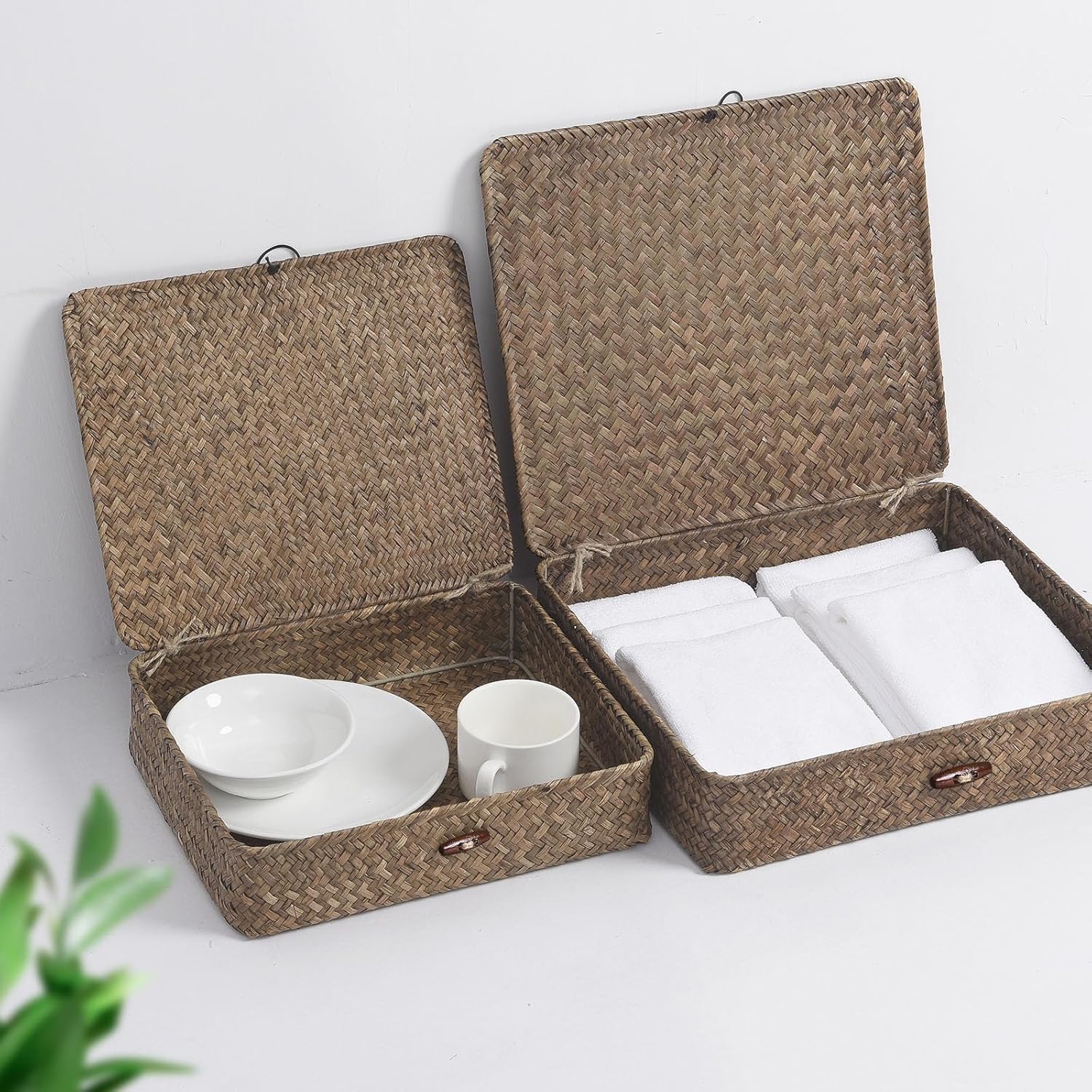 FOSSORH Set of 2 Flat Seagrass Storage Bins with Lid