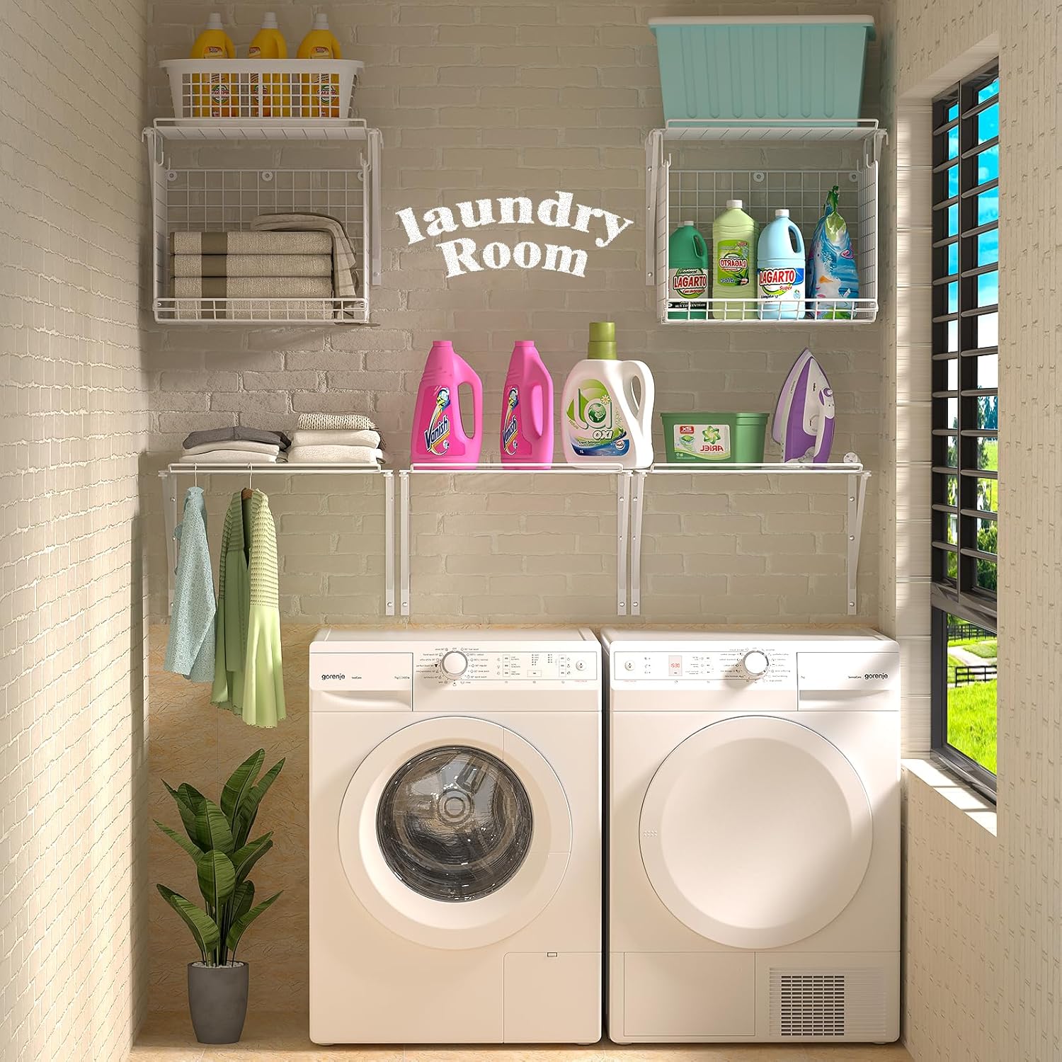 2 Pack Laundry Room Wall Shelves with Wire Baskets and 8 Hooks - White