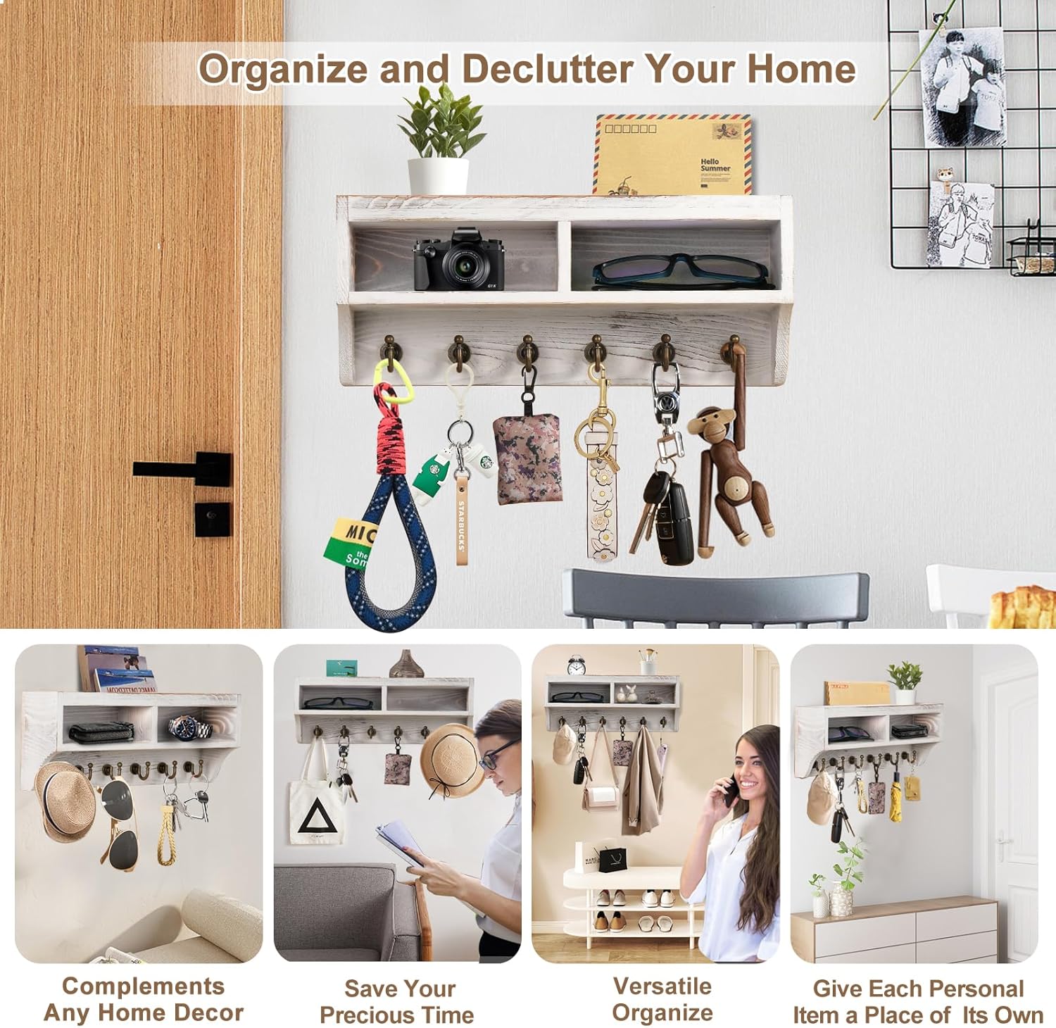 Key Holder Wall Mount with 6 Hooks and Storage Box