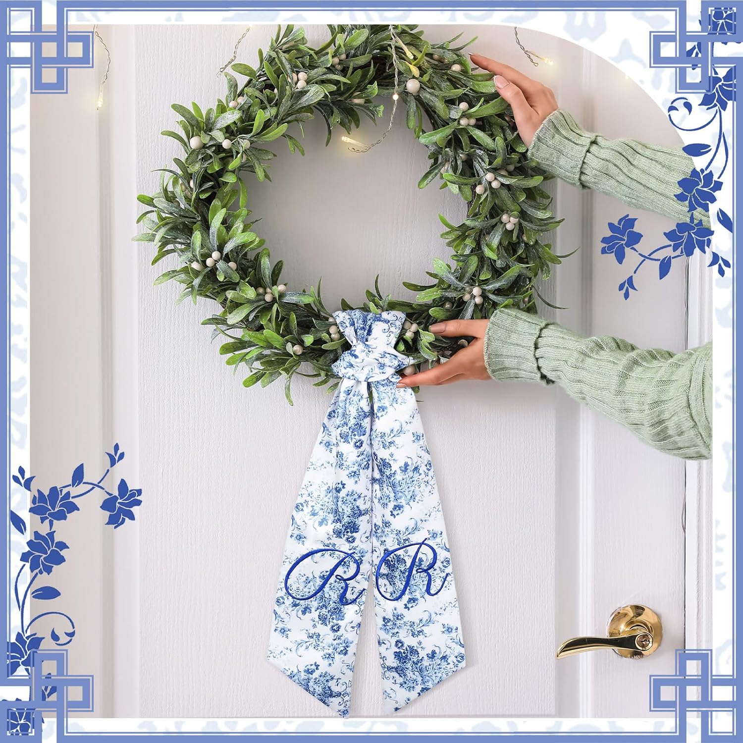 2 Pcs Monogram Wreath Sashes for Front Door Blue and White Decor