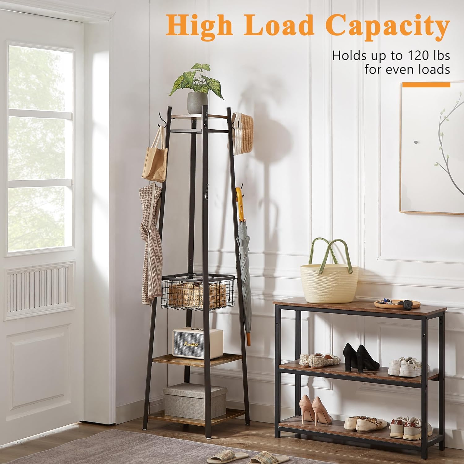 VECELO Freestanding Coat Rack with Metal Basket and Shelves