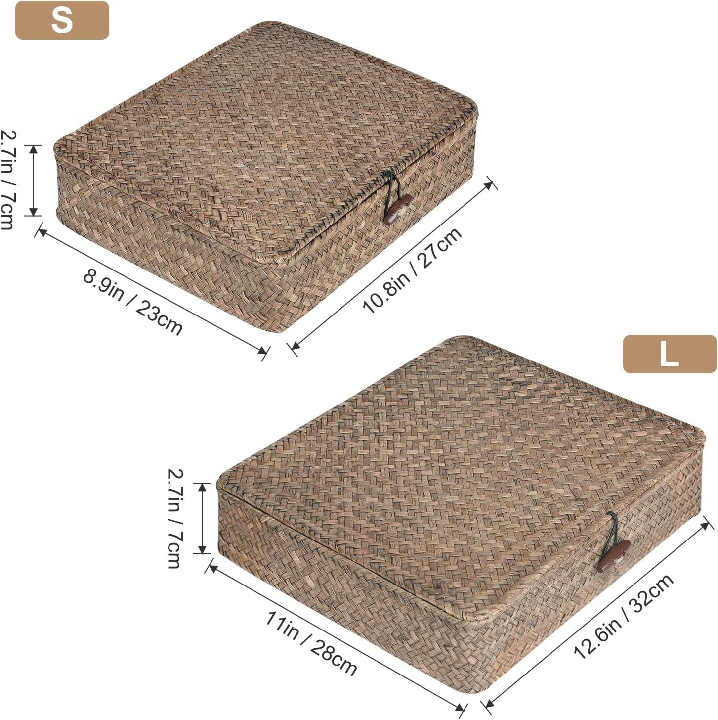FOSSORH Set of 2 Flat Seagrass Storage Bins with Lid