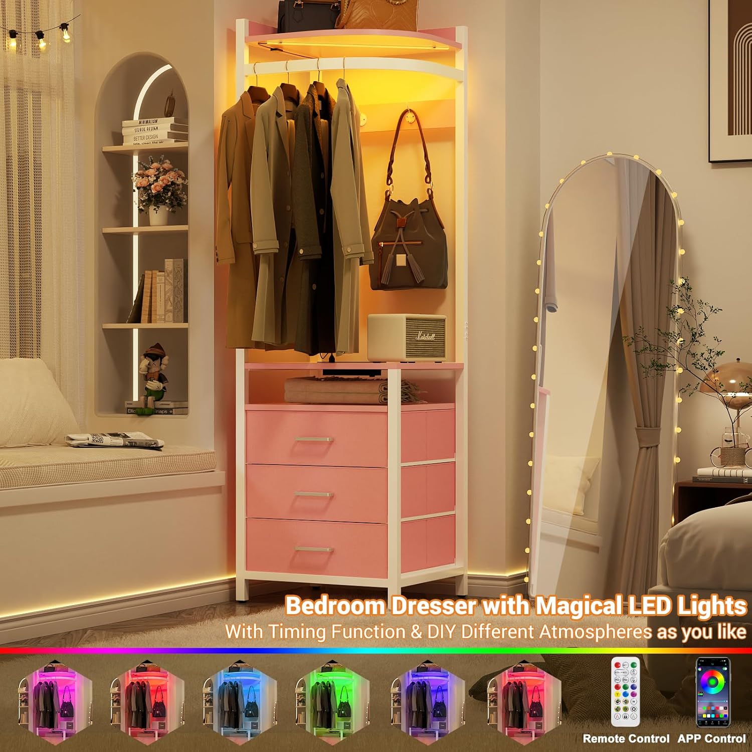 Cyclysio Corner Clothes Rack with Hanging Rack and LED Lights