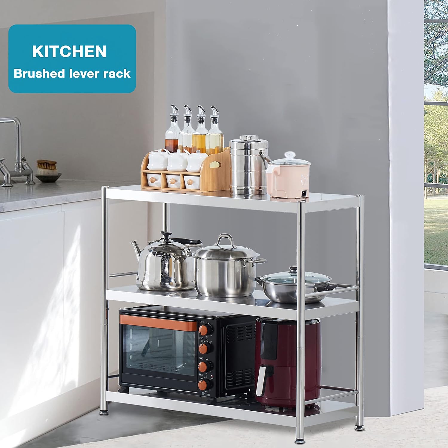 Stainless Steel 3 Tier Shelving Unit with Guardrails