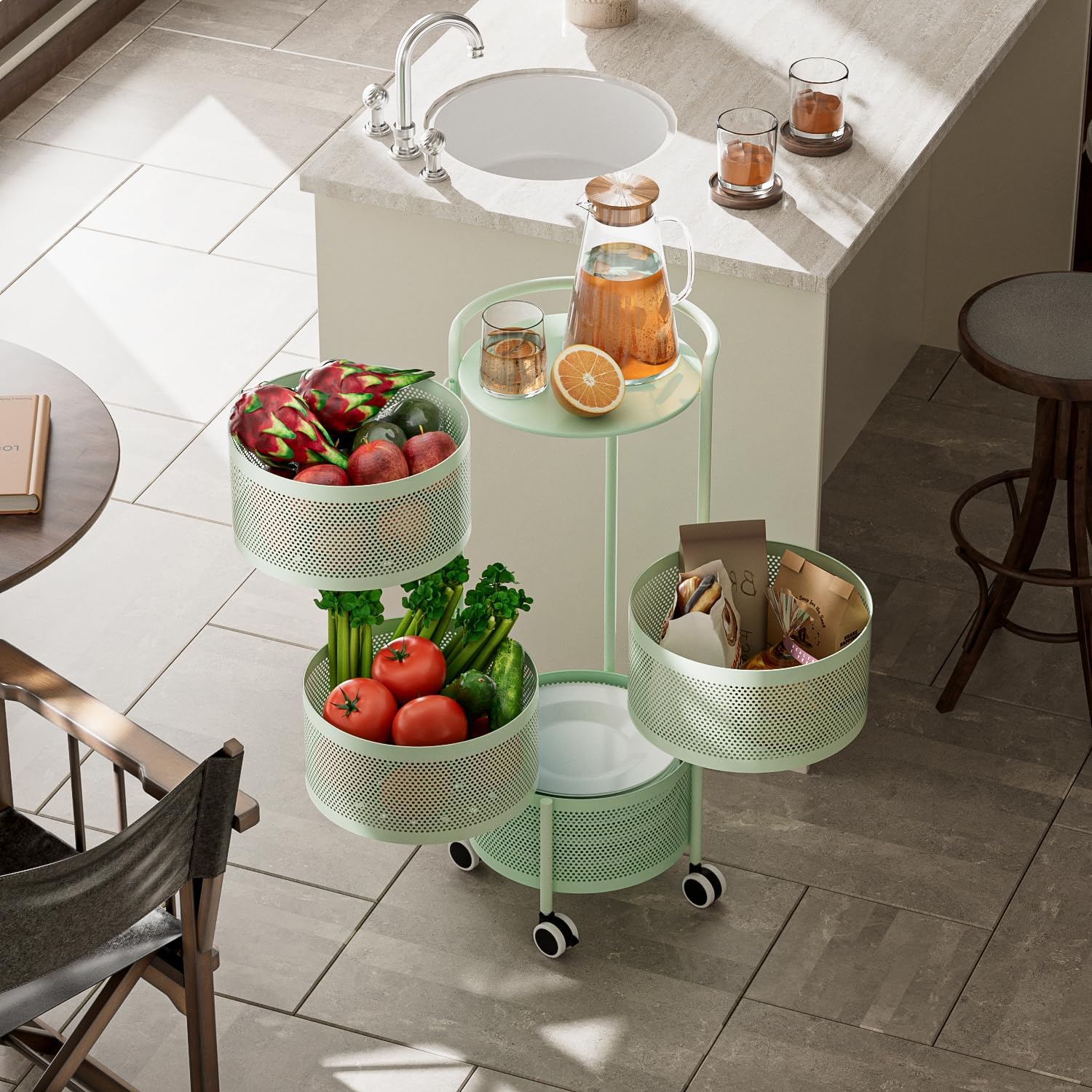 4-Tier Rotating Metal Storage Rack with Drawers