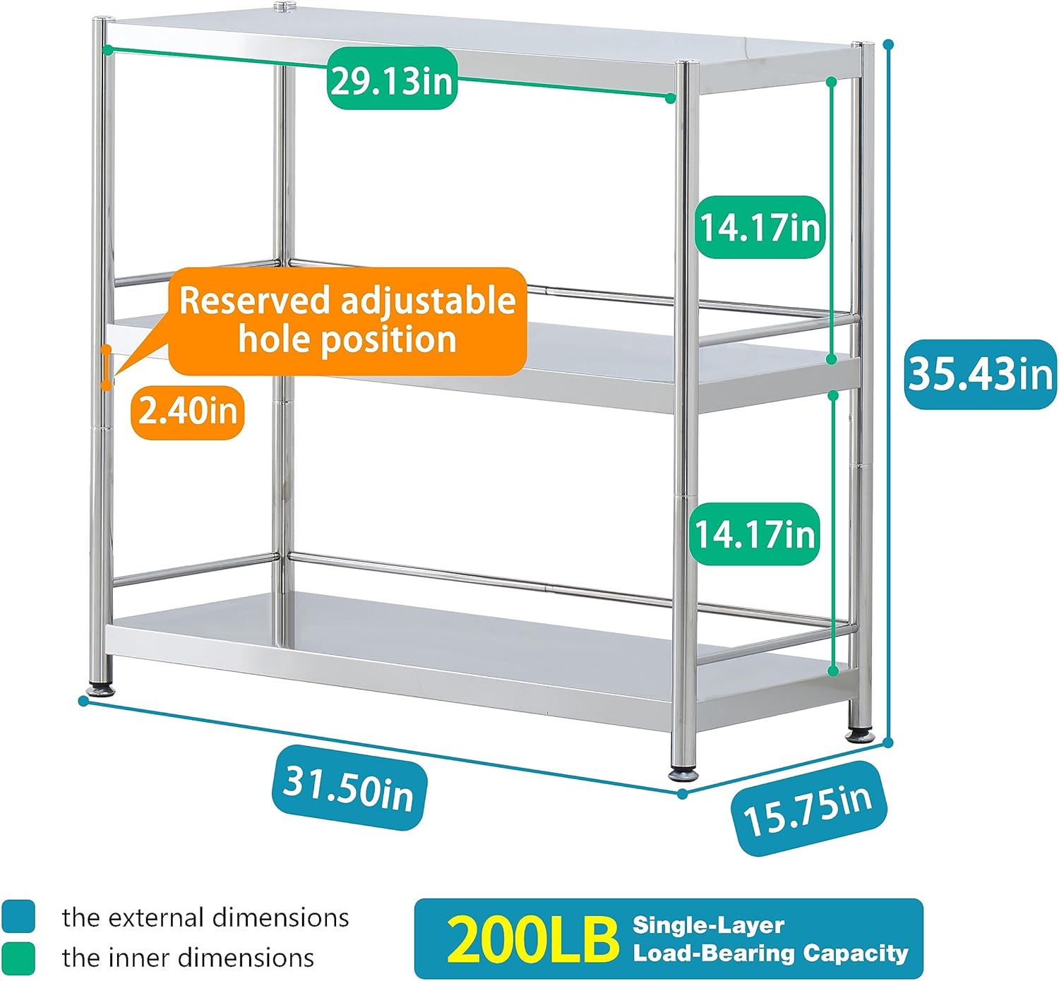 Stainless Steel 3 Tier Shelving Unit with Guardrails