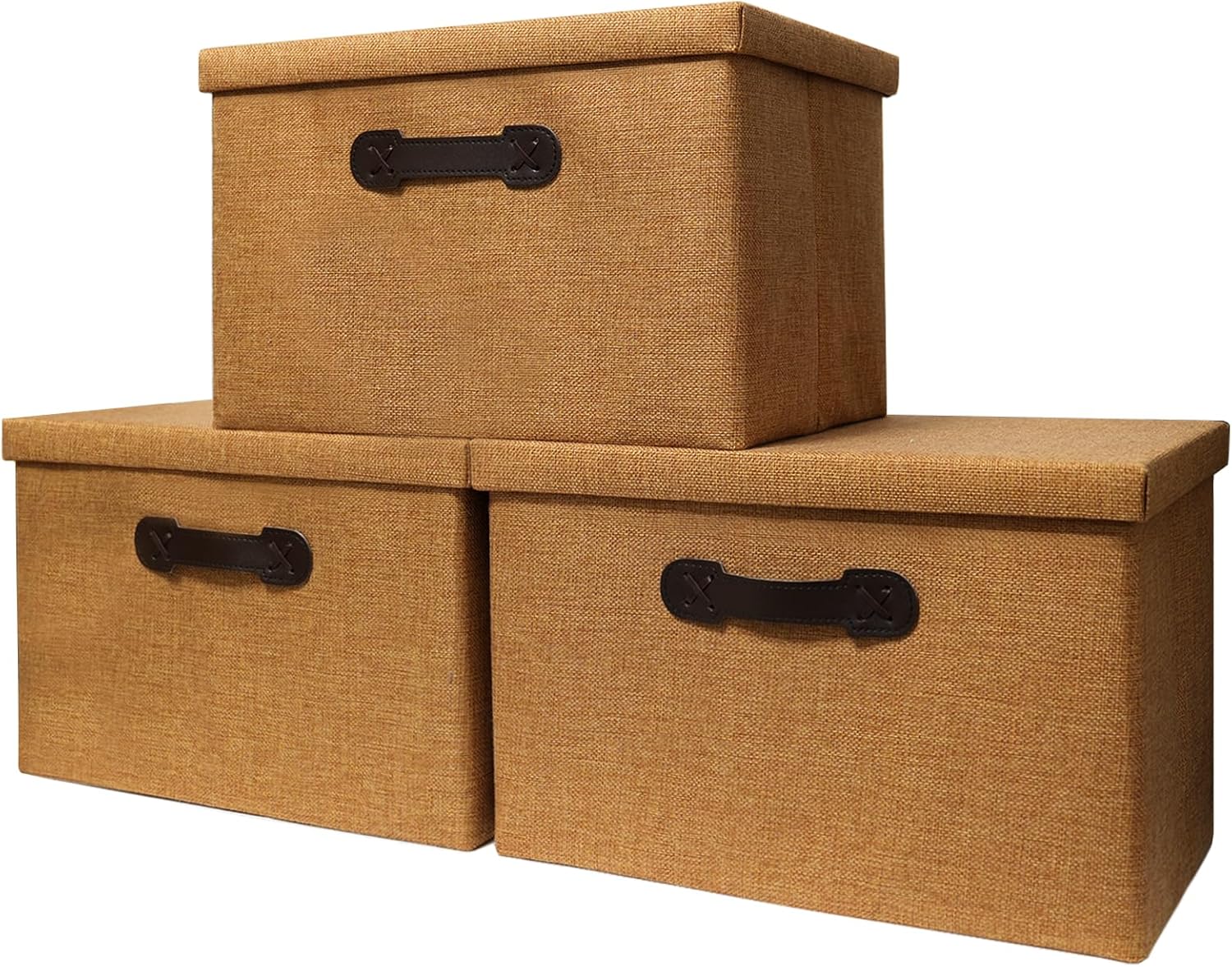 EnzkUnity Lidded Storage Bins 3-Pack Brown Fabric Linen Foldable Basket with Handle