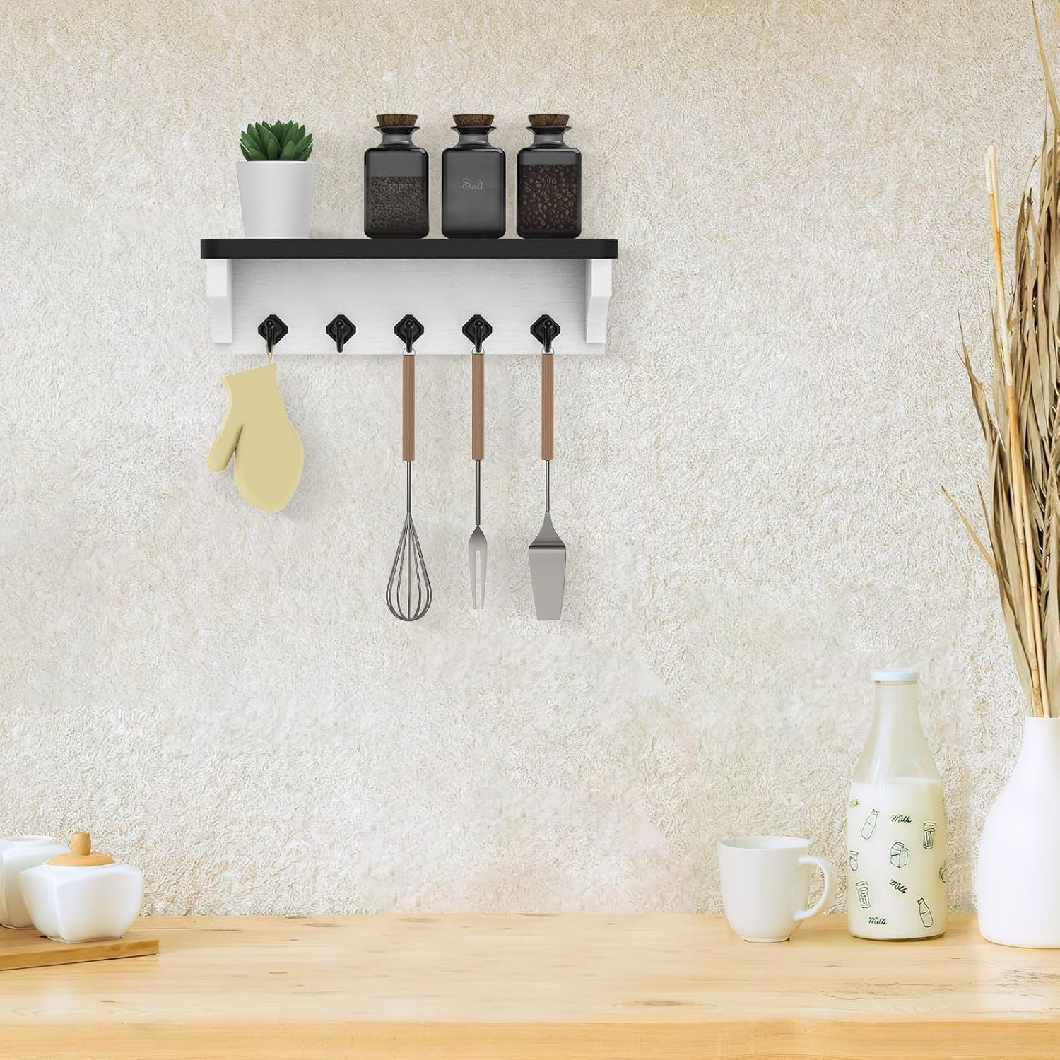 Nekon Wall Key Holder with Floating Shelf and 5 Hooks Black