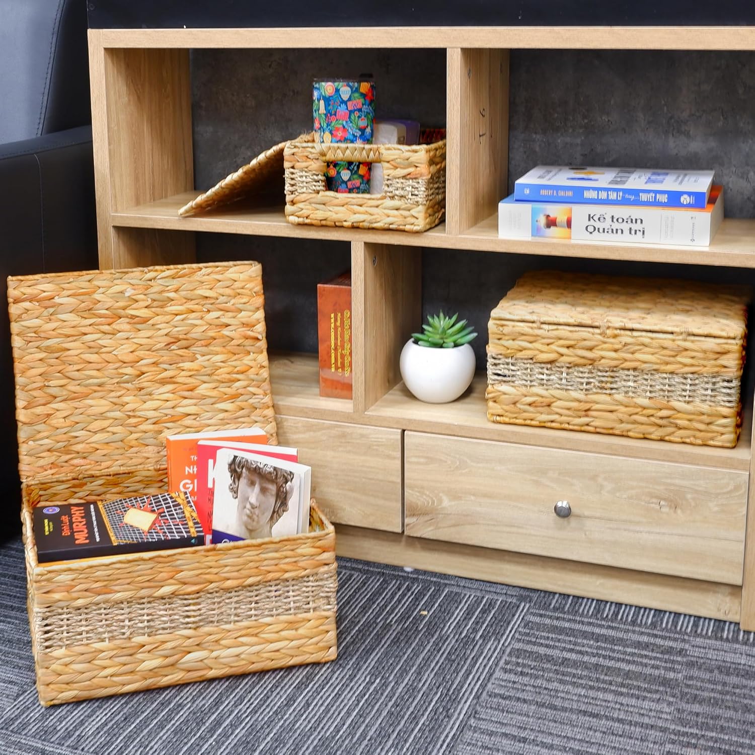 Bezoval Wicker Storage Baskets with Lids Set of 3 Rectangular Boxes