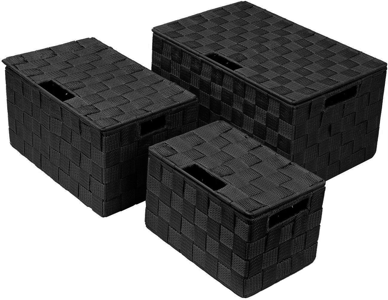 Sorbus Set of 3 Black Woven Storage Baskets with Lids