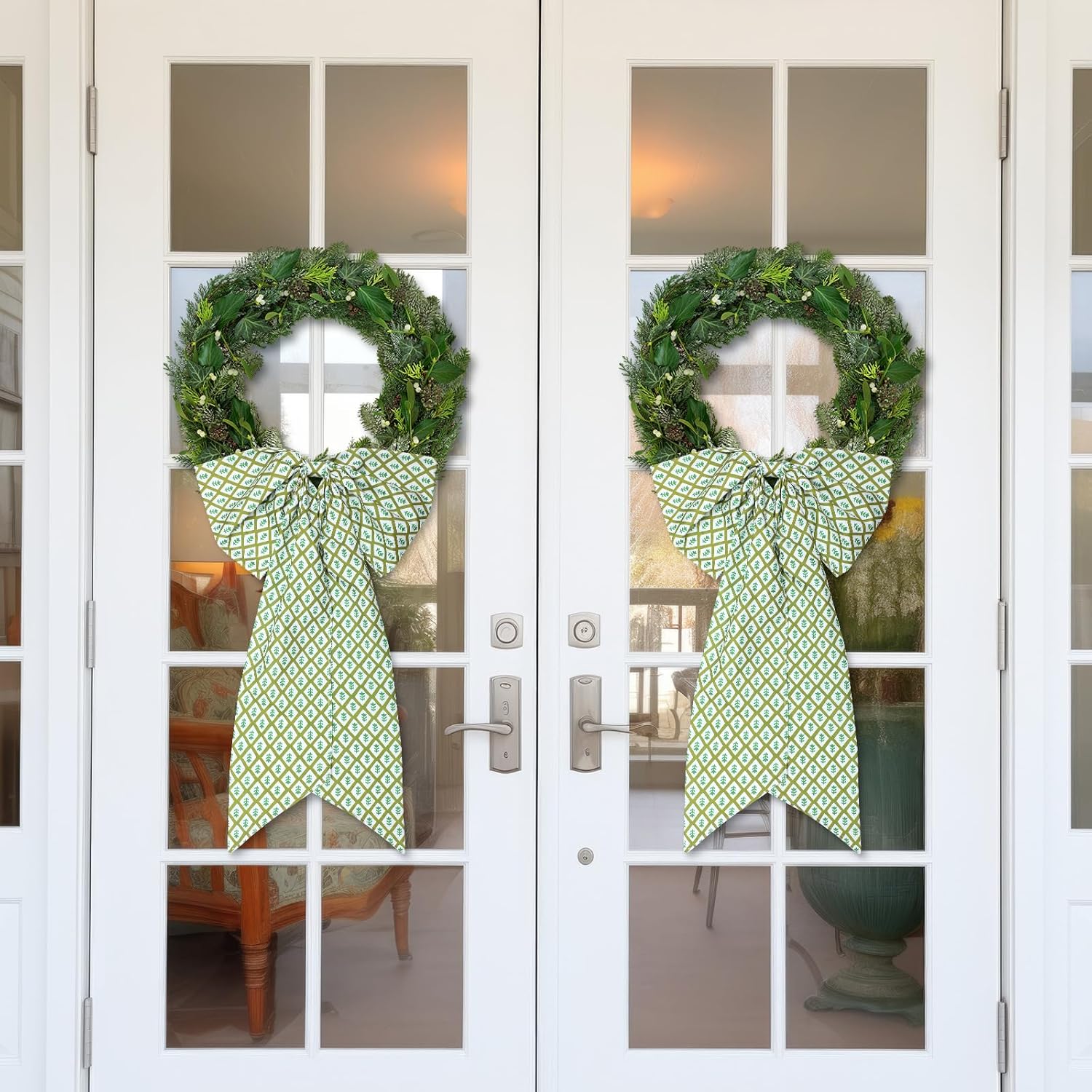 2 Pcs Green Block Print Wreath Sash for Front Door