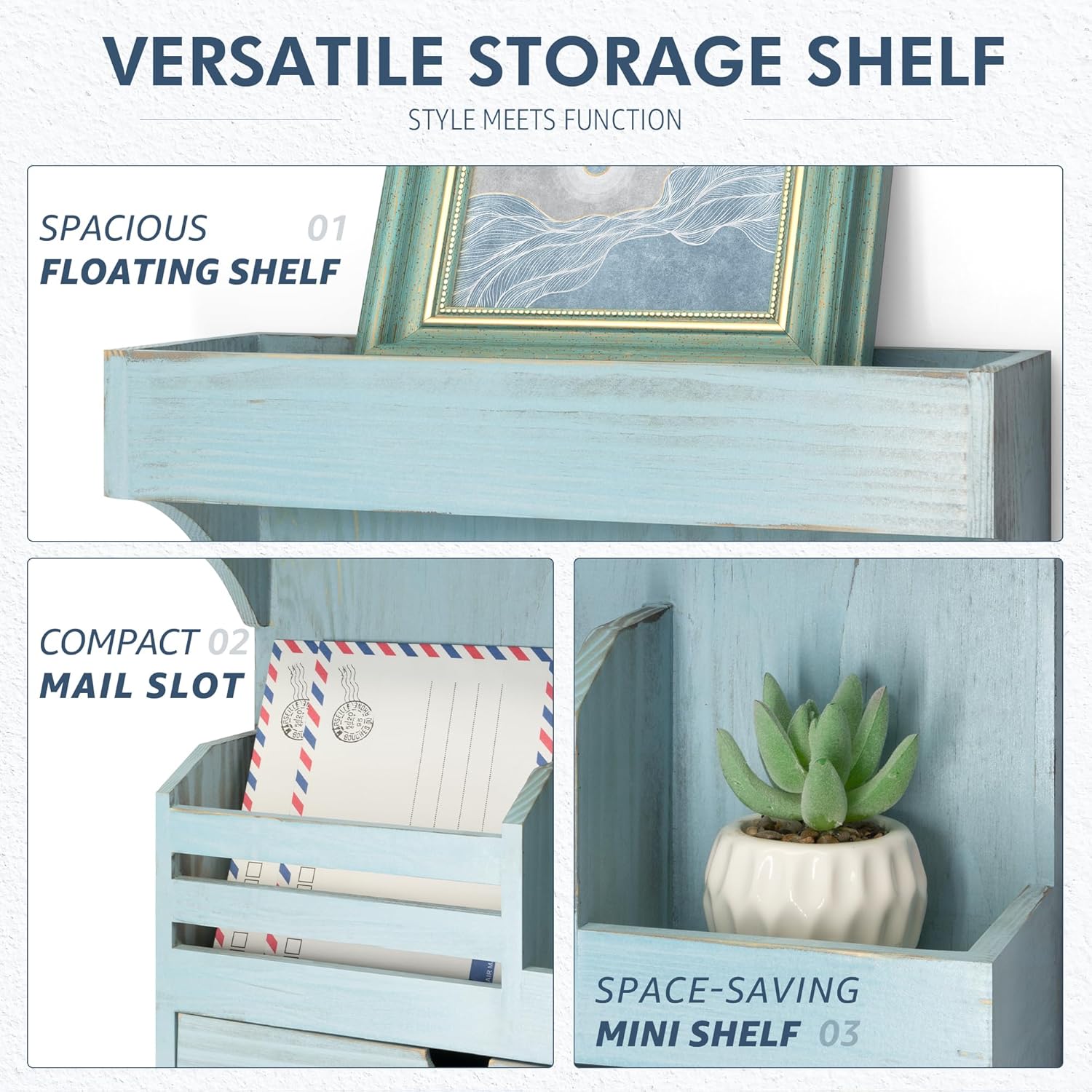 Rebee Vision Farmhouse Key Holder Wall Mount with Drawer Organizer - Blue