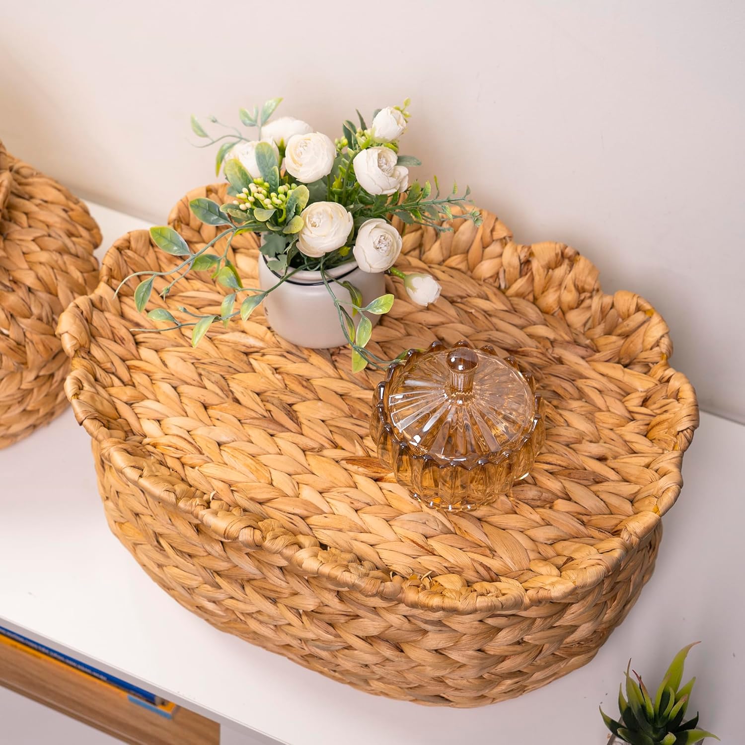 Set of 3 Wicker Storage Baskets with Lid - Decorative Water Hyacinth Bins