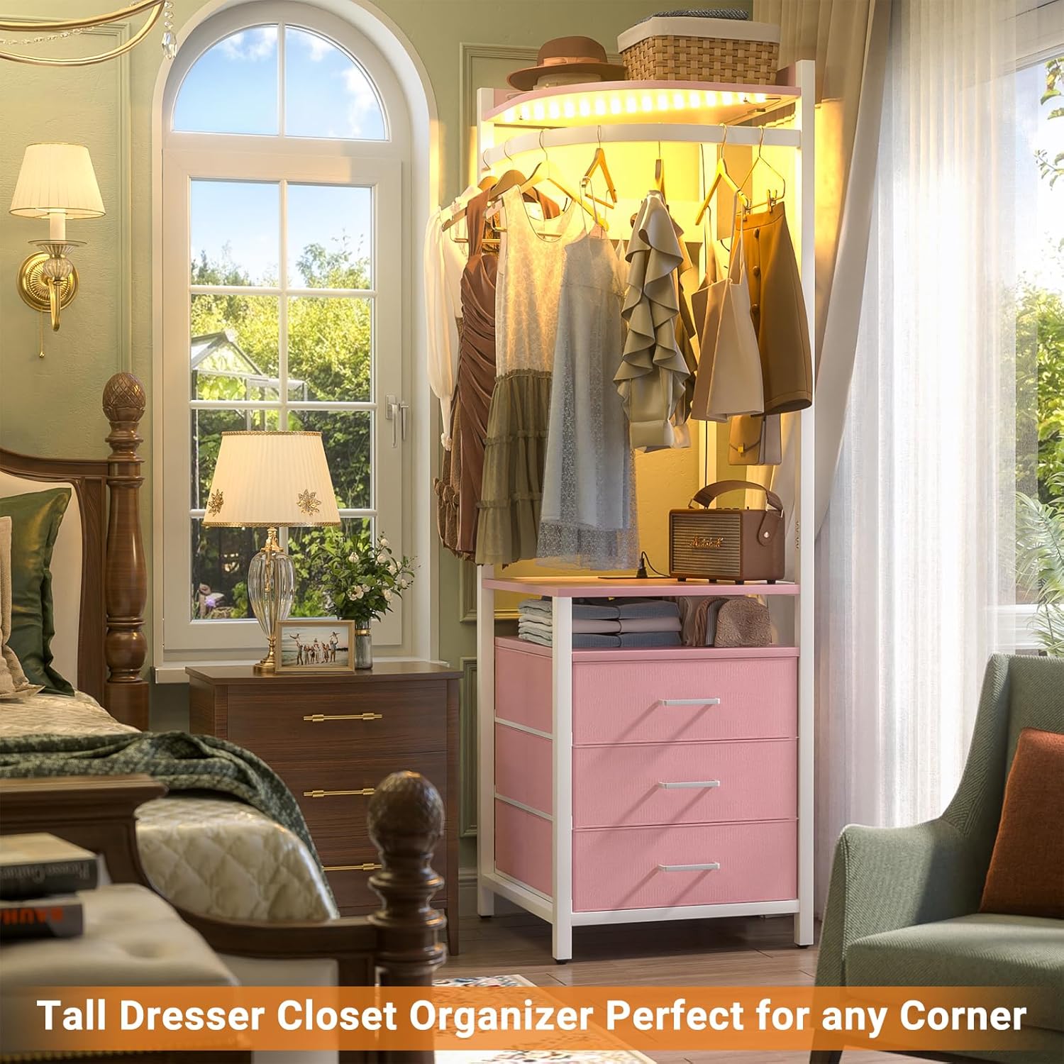 Cyclysio Corner Clothes Rack with Hanging Rack and LED Lights
