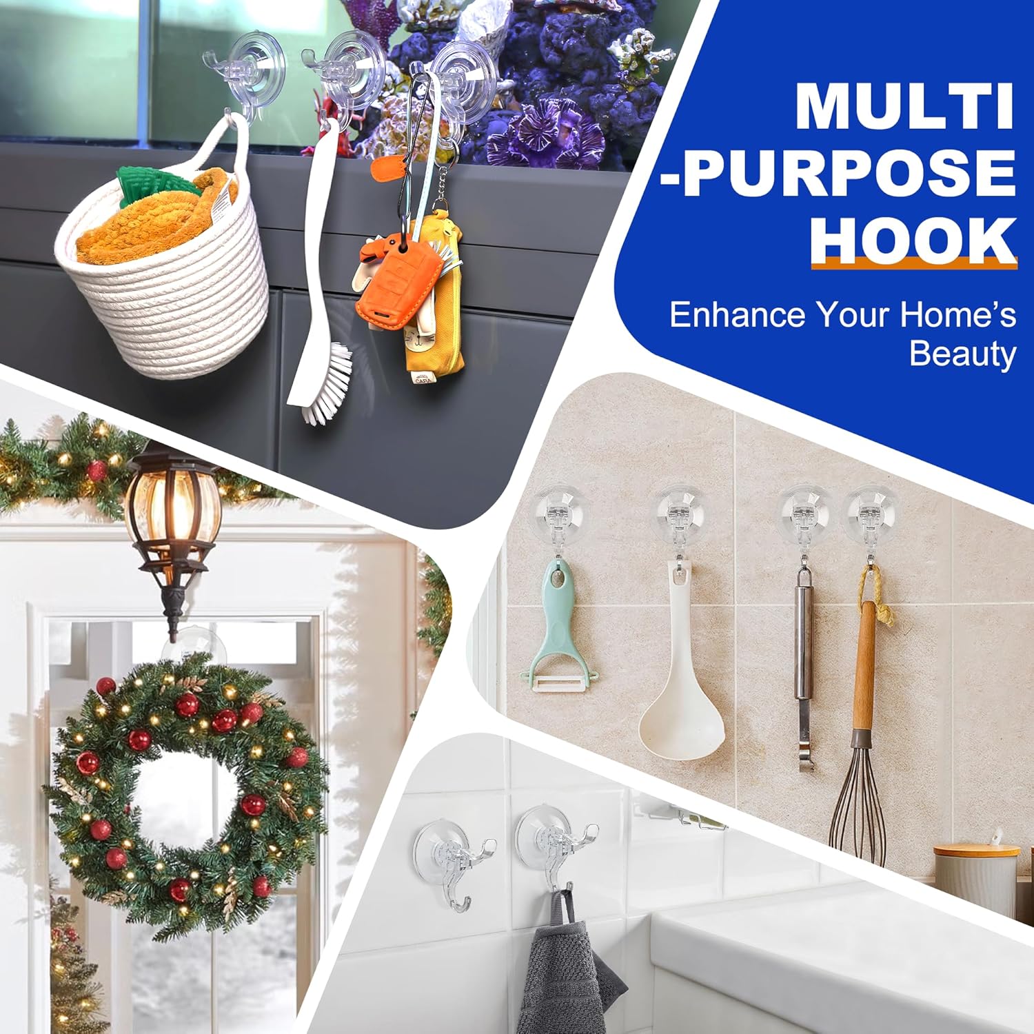 Artressel Suction Cup Hooks 5 Pack Heavy Duty Clear Shower Hook for Bathroom Wall Towel Tile Kitchen Glass Door Window