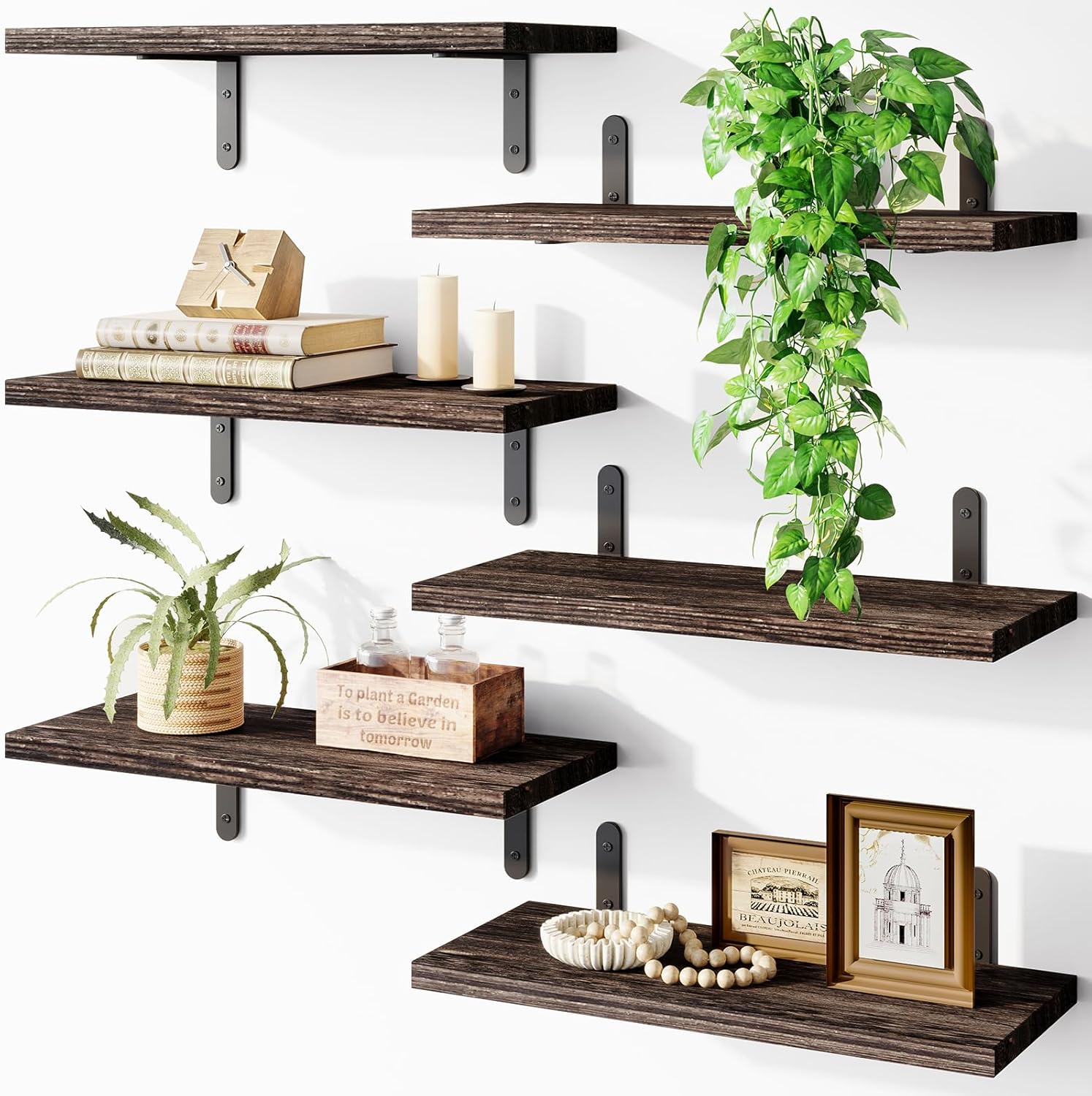 Fixwal Wood Floating Shelves - Set of 6 for Bedroom and Bathroom