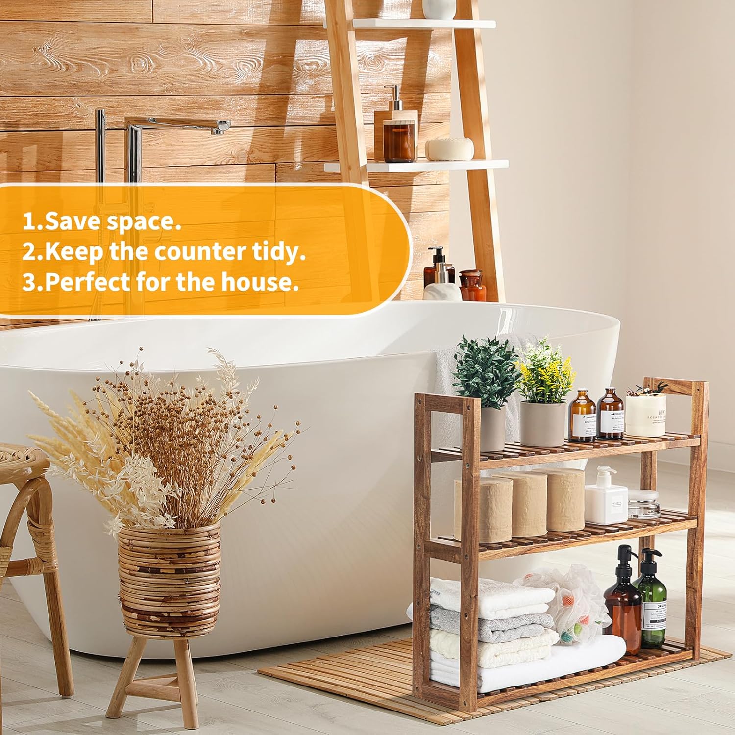 3 Tier Solid Wood Shelf with Adjustable Layers