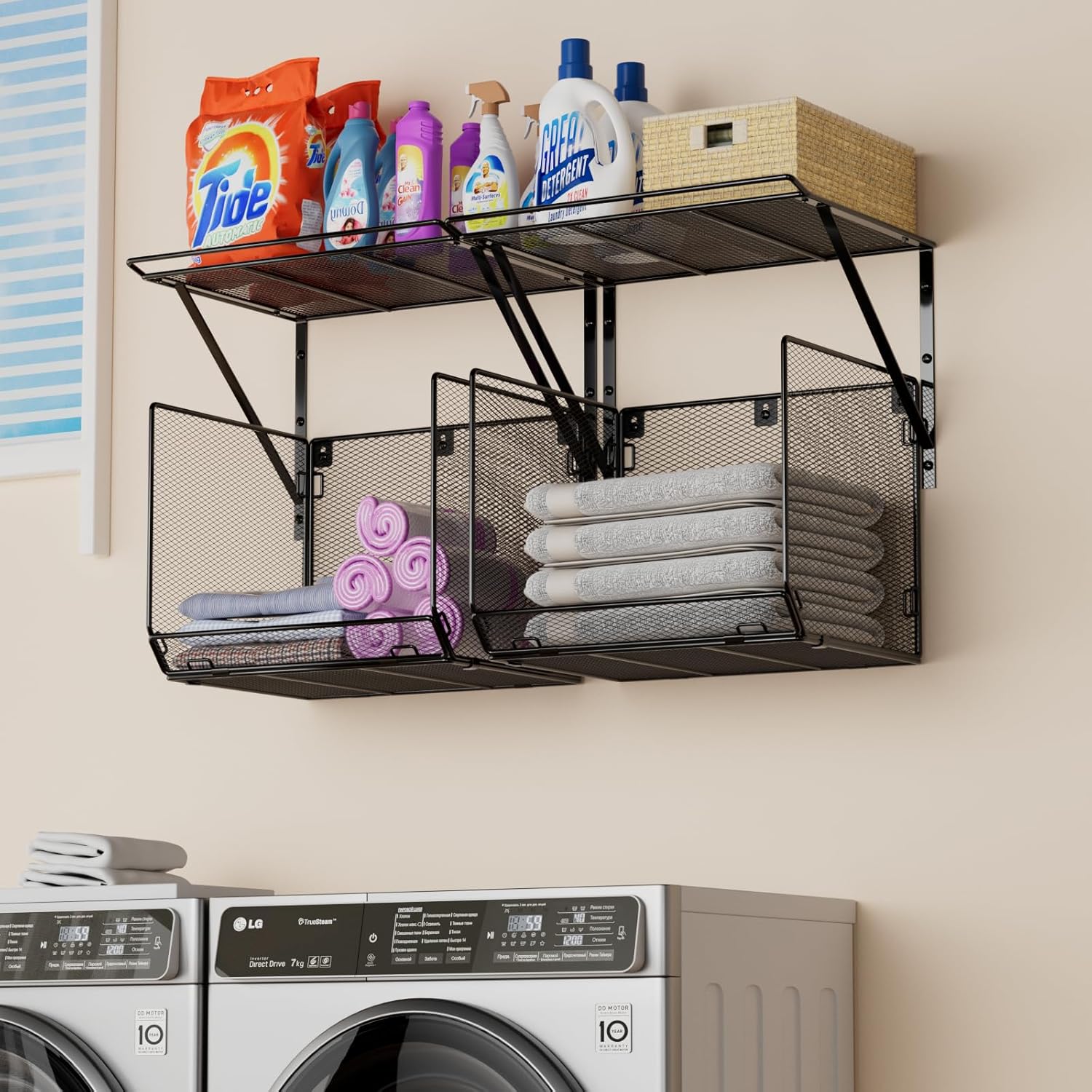 2 Pack Laundry Room Shelves with Wire Mesh Baskets and Wall Mount Clothes Drying Racks