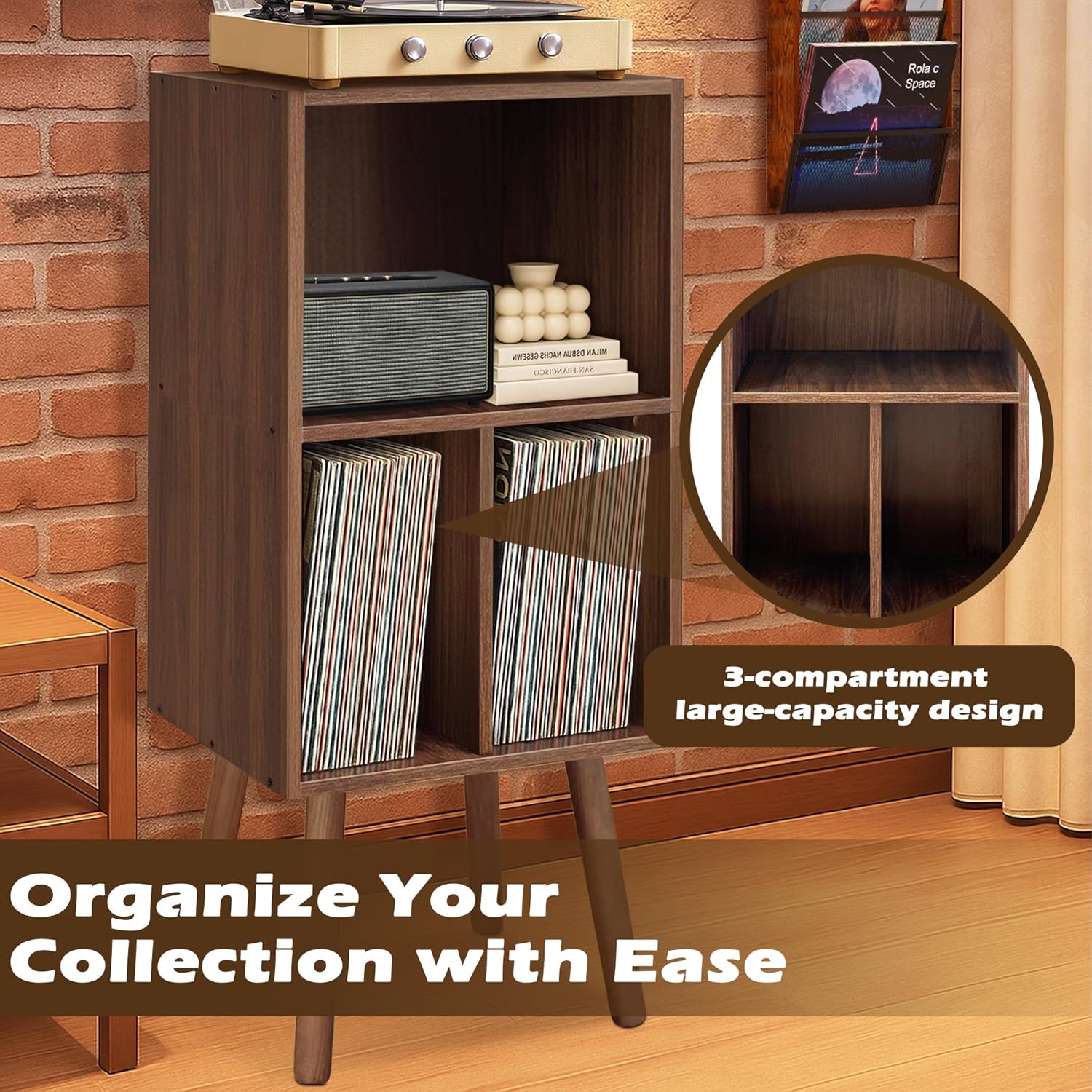Montex Record Player Stand with 3 Tier Storage and Vinyl Display