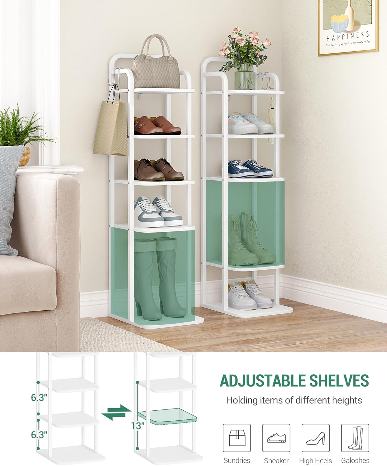6 Tiers Vertical Shoe Rack Narrow Design Adjustable Shelves Corner Organizer for Small Spaces White SR04213W